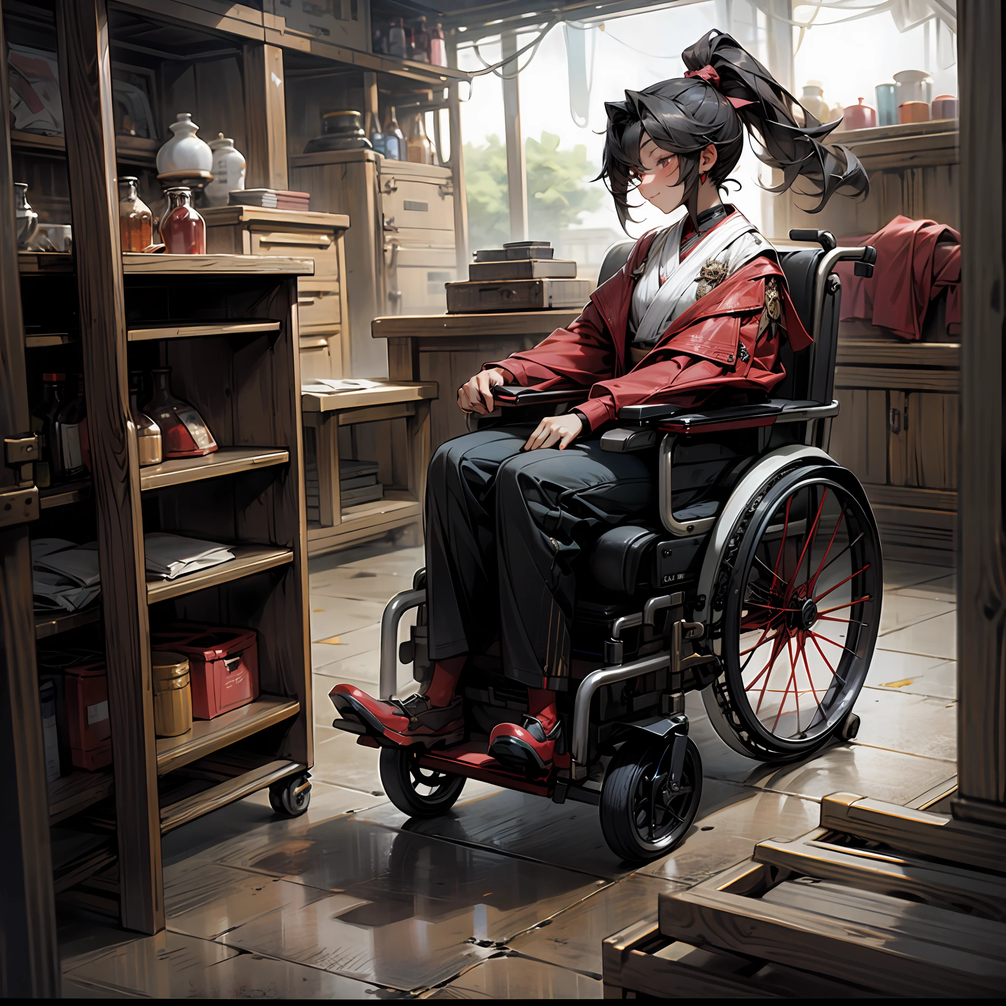 Kizi， High ponytail，Blacksmith，In a wheelchair，is working，Red clothes，