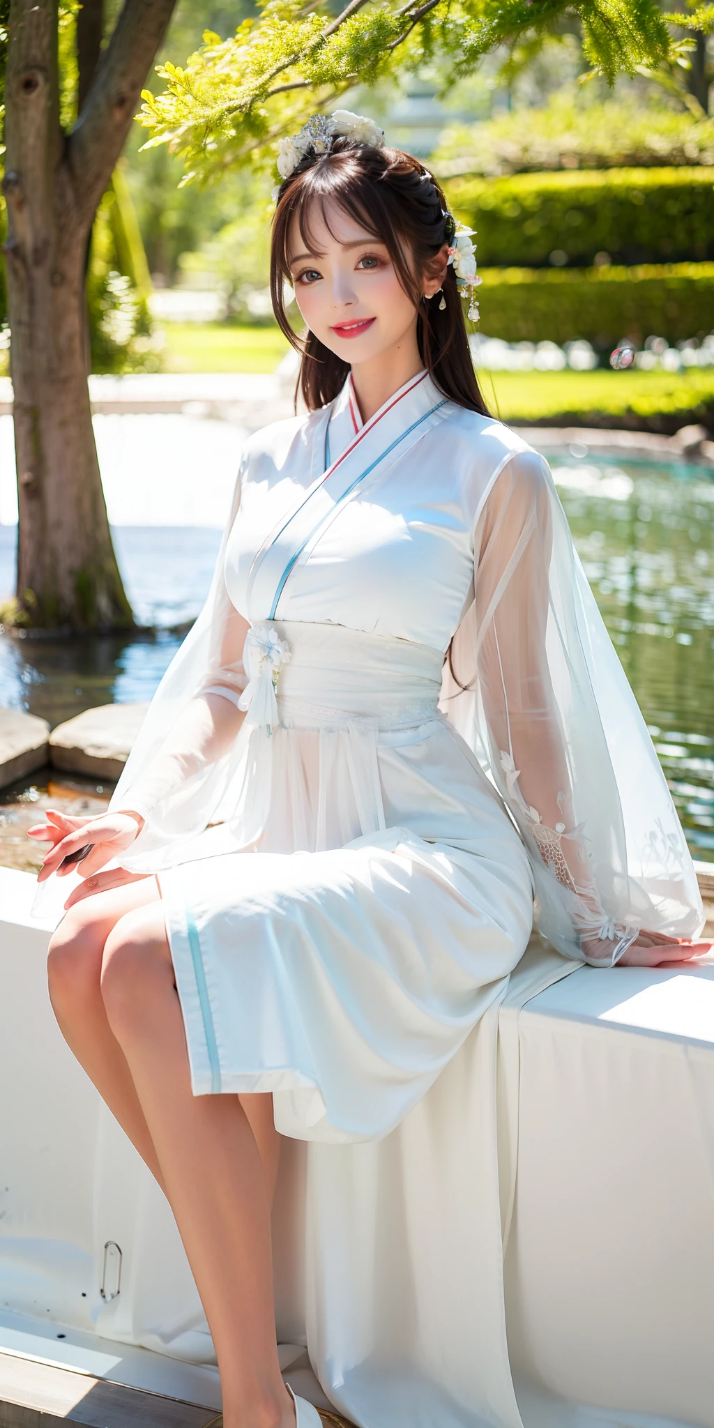 The Arapei woman in a white dress sat on the edge of the stream with her legs apart, pale snow-white skin, Ethereal beauty, Snow on the body, dressed in a beautiful white, ((a beautiful fantasy empress)), Flowing white robe, Smooth translucent white skin, a beautiful woman in white aodai, soft white glow, Japanese goddess, flowing magical flesh robe, pale woman, soft pale white skin,The chest is faintly visible