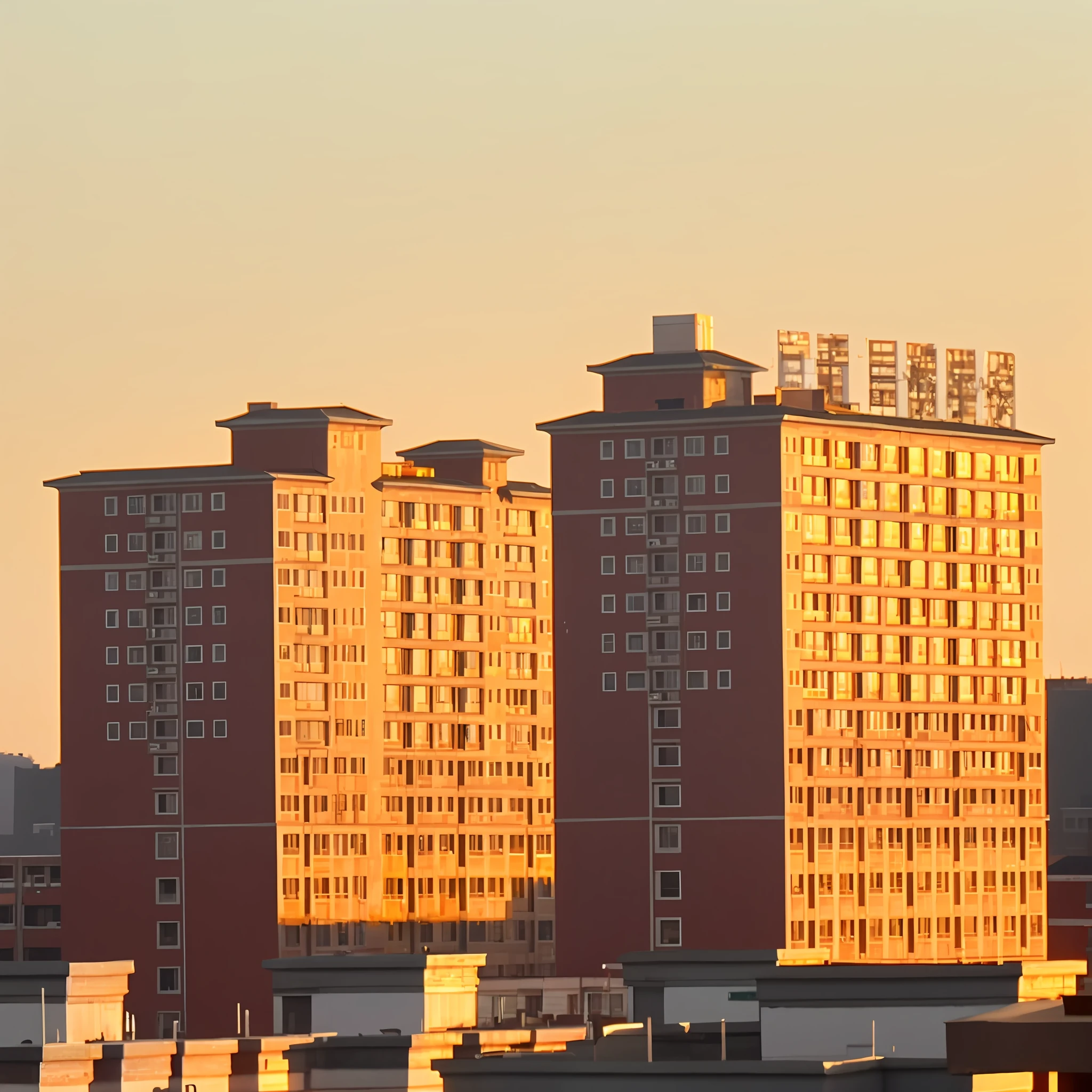 buildings with a clock tower in the middle of a city, golden hour in beijing, shining golden hour, the neat and dense buildings, golden towers, High-rise buildings, full building, golden hour sunlight, residential area, shot at golden hour, nice afternoon lighting, dramatic warm morning light, filtered evening light, in the golden hour, prime time