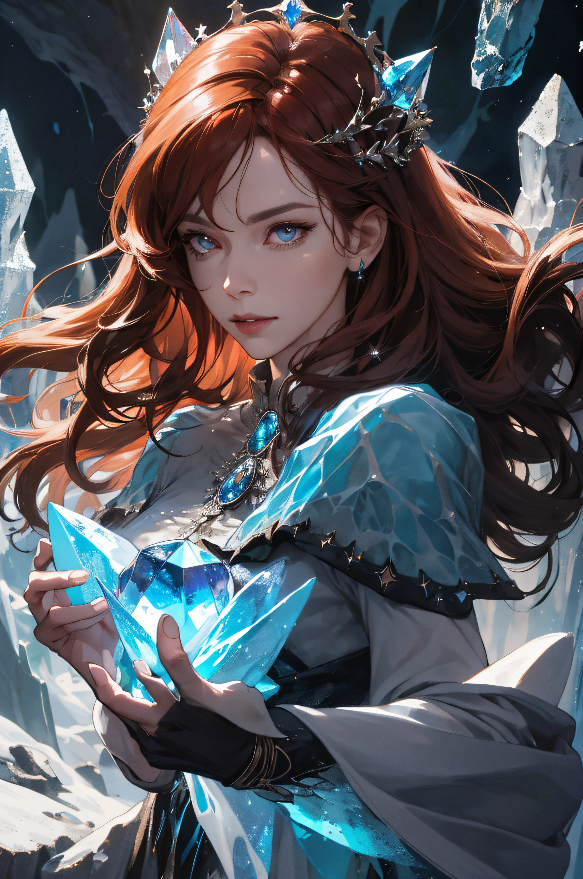 (absurdres, highres, ultra detailed), 1woman, mature female, aged up, wavy long hair, auburn hair, coral eyes, bangs, long sleeves, finely detailed eyes and detailed face, extremely detailed CG unity 8k wallpaper, intricate details, (style-swirlmagic:1.0), looking at viewer, solo, upper body, detailed background, close up, detailed face, (gothic dark ages theme:1.1), crystal sorcerer, dynamic pose, earth themed clothes, crystal crown, floating in the air, glowing magical shards, surrounded by blue magical crystals, rock formations, stalactites, magical floating particles, crystal glass, crystal sphere, crystal canyon background, (shallow water:0.7), epic ethereal atmosphere, updraft,, portrait