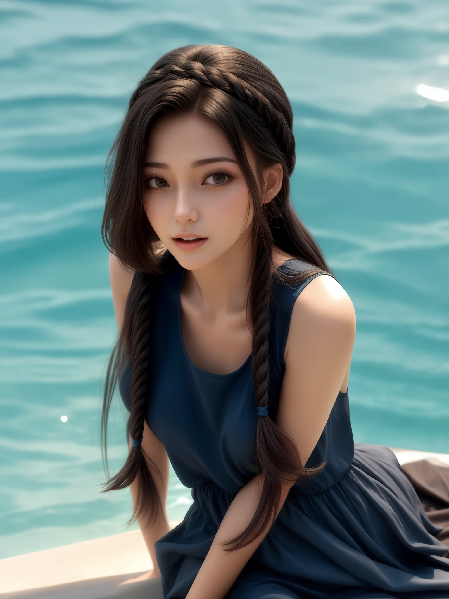 Slender woman, 35 years old, very long black hair braided, blue sleeveless dress, sweet expression, water, Greek woman