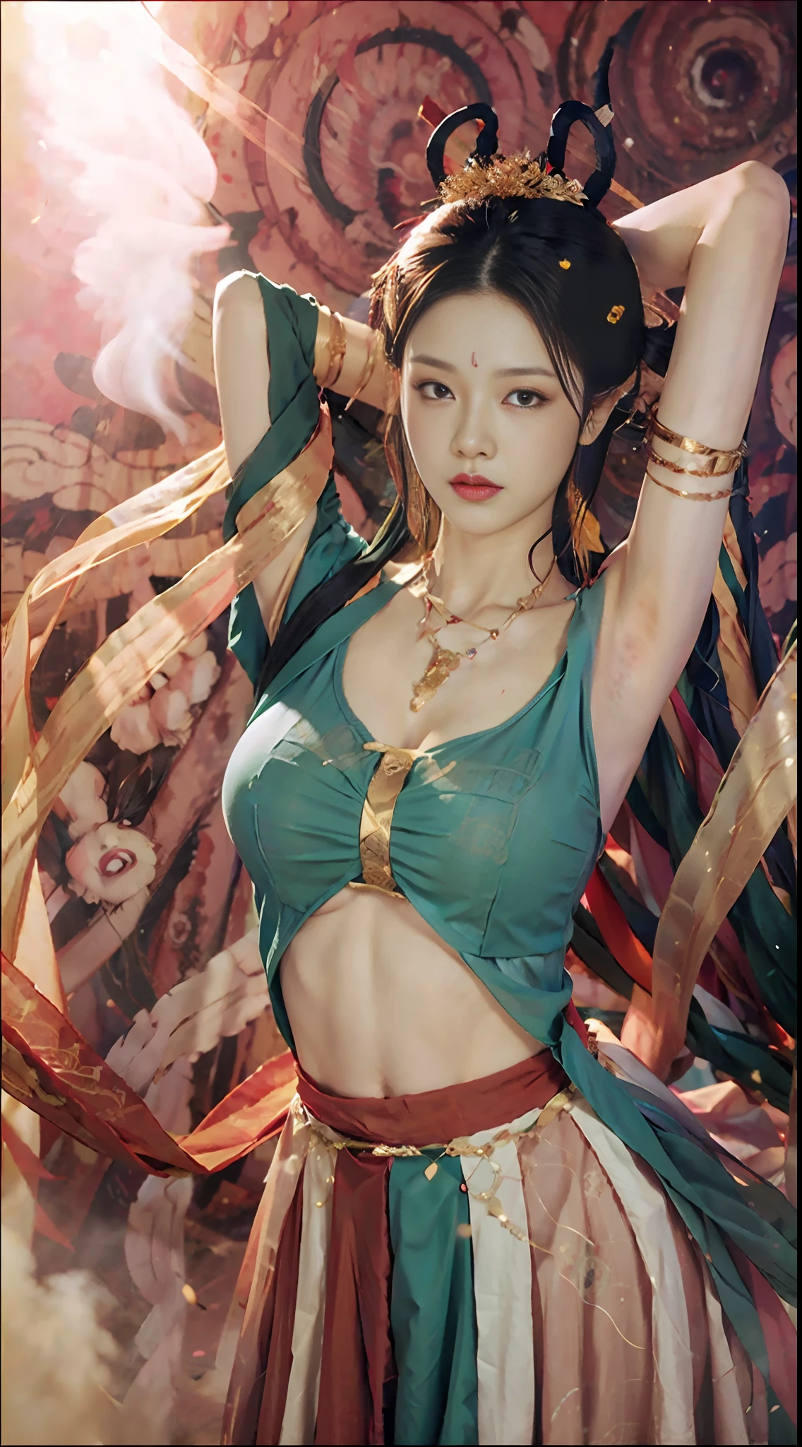 （8k，RAW photos，best qualtiy，tmasterpiece：1.2），（realisticlying，Photorealistic and realistic：1.4），（Very detailed CG unity 8k wallpaper），（1个Giant Breast Girl），dance，dunhuang_dress，dunhuang_style，dunhuang_background，Arms up，Gold ornaments，Ancient Chinese hairstyle，gossamer，Streamers，light make-up，eye shadows，Eyebrow nevi，（confront），dynamicposes，Background smoke surrounding，Red and green color scheme，Petals flying,the detail，jewelry，耳Nipple Ring，bangle，bshoulders，complex texture，bust，Guqin，lute，Huge breasts stand tall