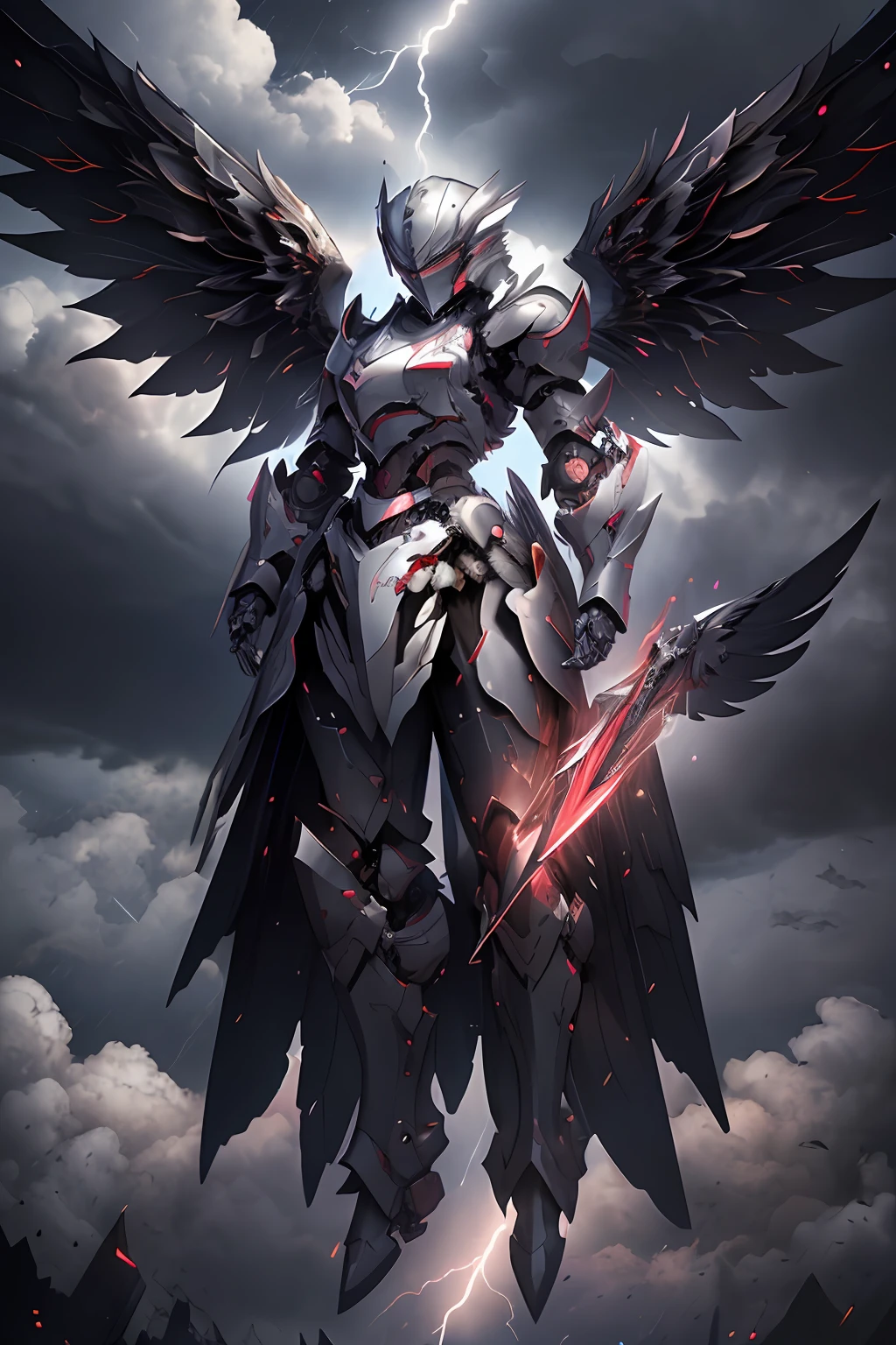 masterpiece, highly detailed CG unified 8K wallpapers, 8k uhd, dslr, high quality, clean, ((a dark angel in a mechanical armor with wings, godly aura, floating in the air, descending from the sky)), rainy, dark night, lightning, dramatic scene, cinematic lighting, ultra-high resolution, ultra-high detailed, high-definition,