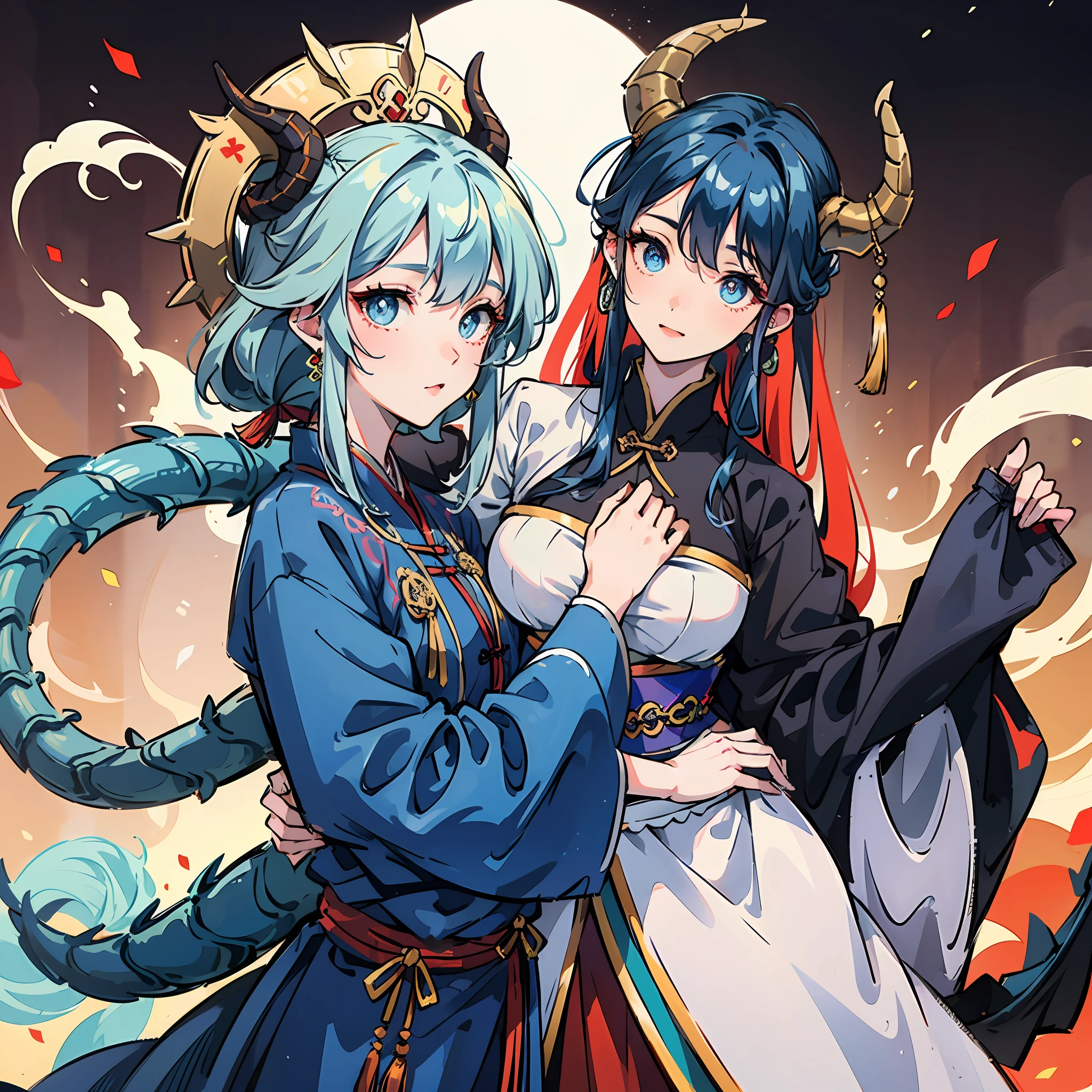 Kizi，Gradient blue hair，There are pairs of dragon horns on the head，Lively and cheerful，Hanfu，Blue pupil --auto
