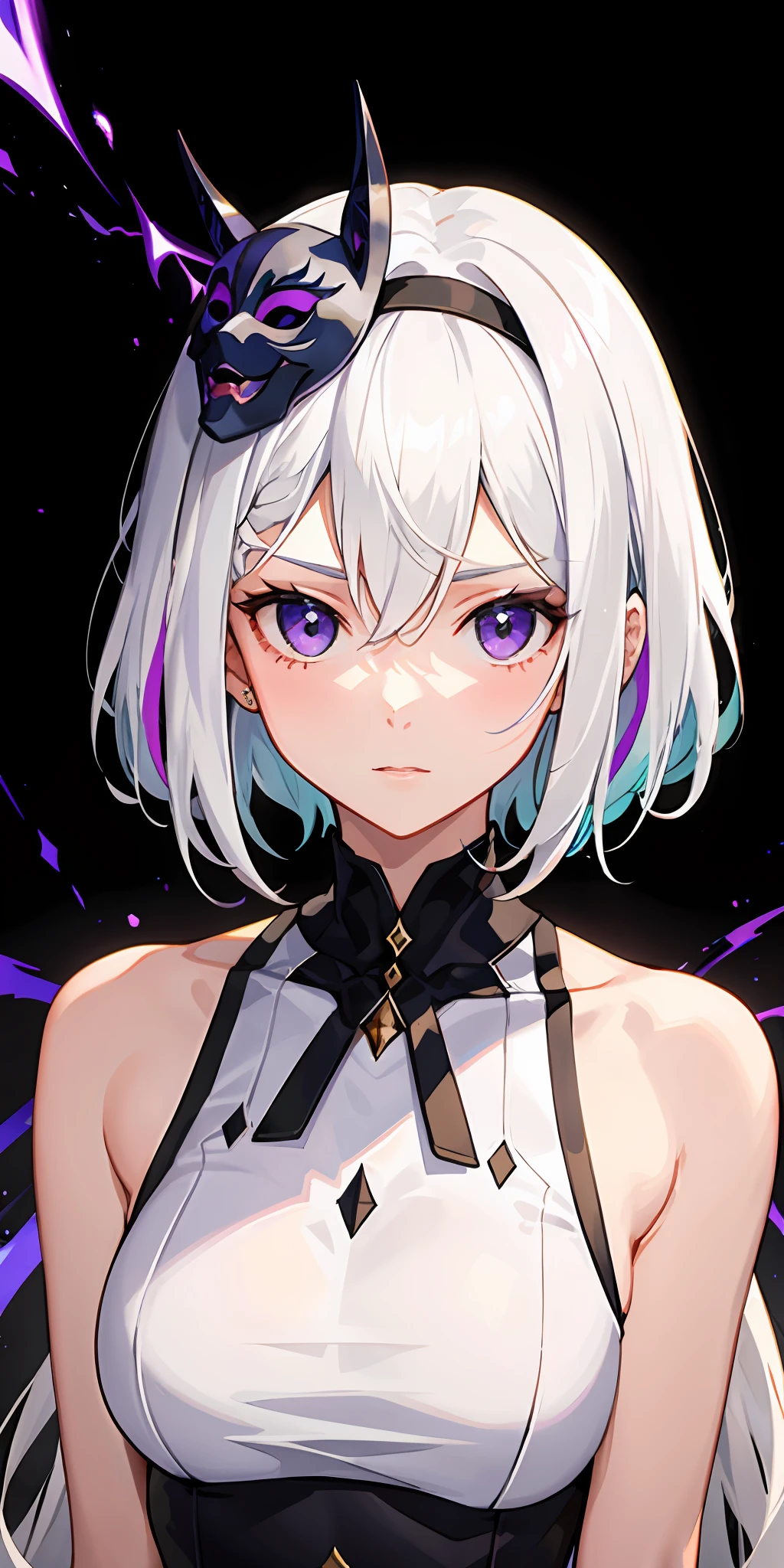 1girl,White hair,O cabelo multicolorido,Purple eye,Wear a mask on your head,Sideslit,light particules,the wallpaper,nakeness,