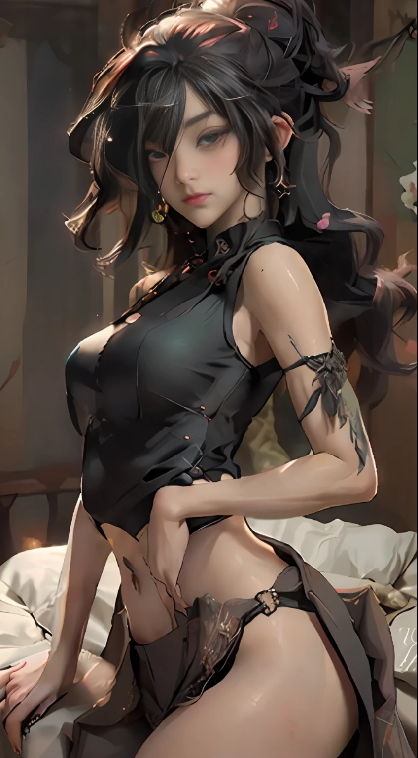 ((Top quality, 8k, Masterpiece: 1.3)), beauty, hidden face, 1 girl, beauty: 1.3, slender abs: 1.1, camisole vest, long black hair, (sitting on bed), ultra-detailed face, highly detailed lips, detailed eyes, double eyelids, white lace, openwork clothes, backless clothes, transparent lingerie, coquettish, big breasts, big breasts, big breasts, big breasts, double breasts, fat buttocks, buttocks, tall figure, sexy stunner? Succubus, succubus, spread her legs, young woman, woman, wife, stroking body, two women, two young women, thighs, big breasts, thick legs, dark complexion, pouting, bare ass, lying on the stomach, wearing a collar around the neck, mouth plugging, bronzed skin, dark skin, wife and milf, sullen, hungry woman, fat ass, ass, open legs, lewd look, sexy thong, masturbation, self-comfort,
