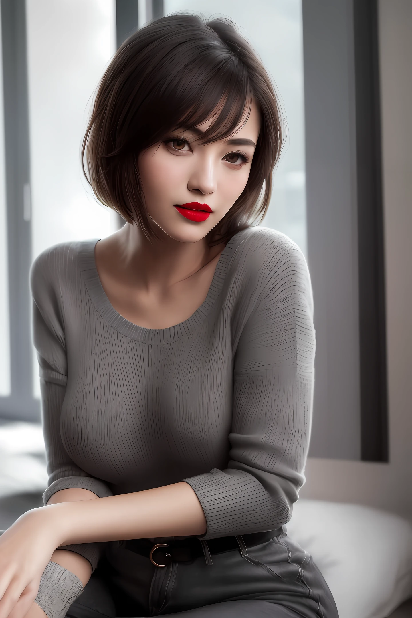 (skin blemish:1), (skindentation), black eye, 1women, 23yo, (((woman))), solo, realistic, best quality, photorealistic, masterpiece, 8k, high res, solo, extremely detailed face, (professional lighting, bokeh), (light particles, lens flare, glowing particles:0.6), (dynamic pose:1.2), soft lighting, top angle view, fashionable and trendy atmosphere, japan, tokyo, bedroom, window, ((morning)), ((looking at the viewer)), (looking at the camera),(portrait:0.6), gorgeous, kneeing, keep original facial proportion, full body, (medium breast), (short hair), slim body, long face, (black hair:1.5), floating hair, lips, lipstick, seductive smile, teeth, smile, casual wear, white sweater, white short pants,
