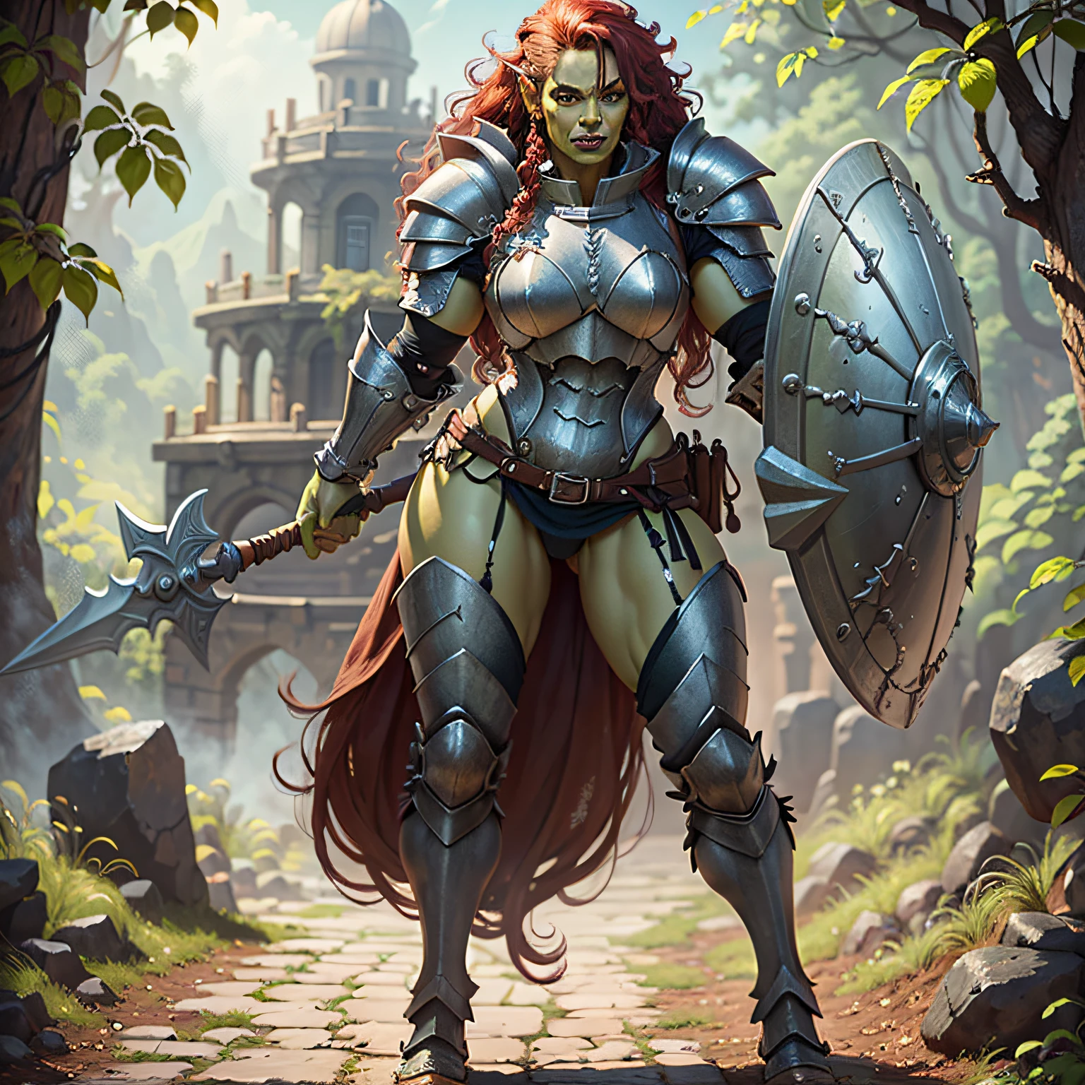 (masterpiece:1.2), (best quality:1.2), perfect lighting, 1girl, mature orc girl, green skin, tusks, muscular, absurdly long red hair, (plate armor:1.2), (full body armor:1.2), detailed outdoor background, cowboy shot, shield, spear