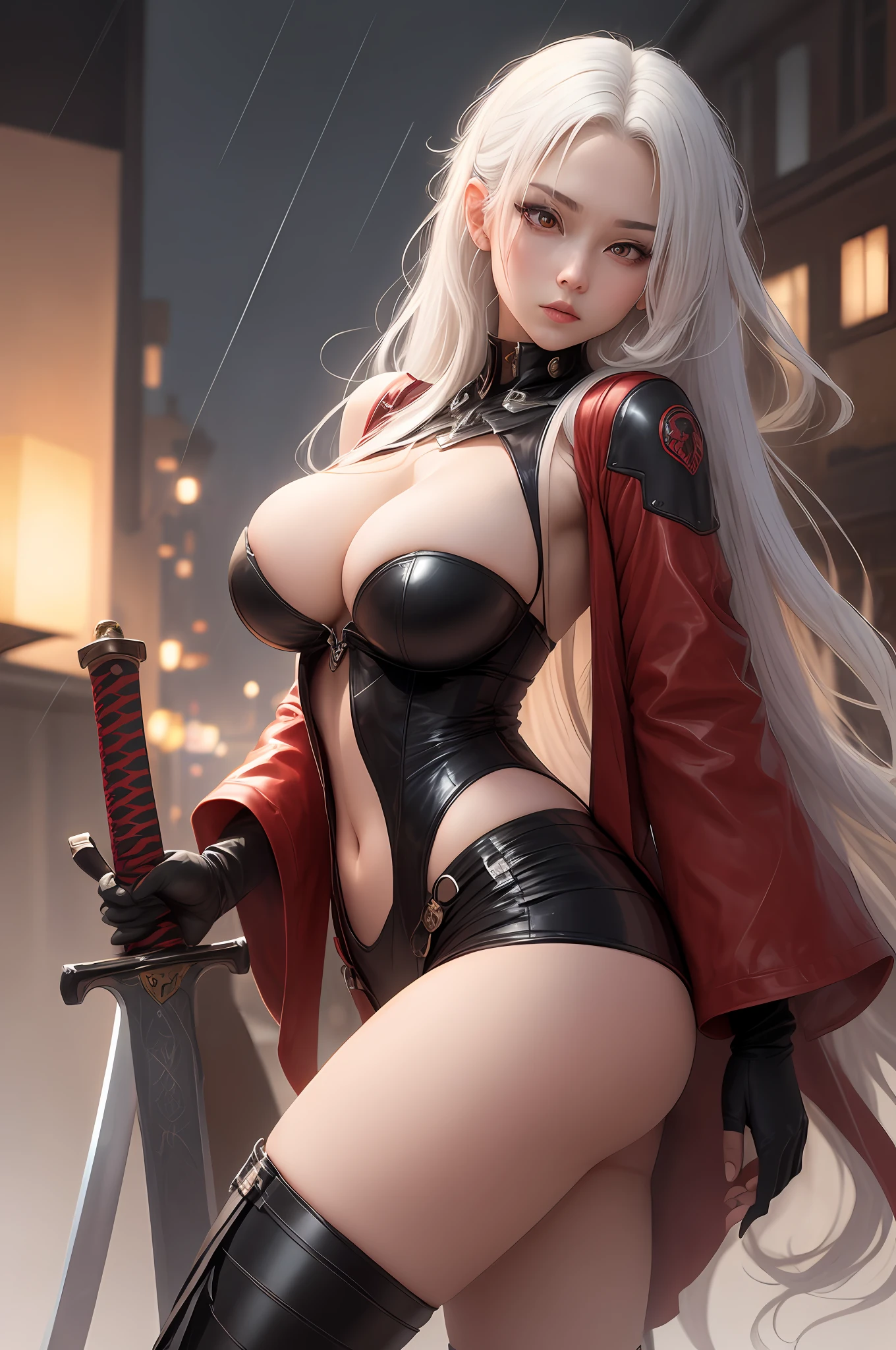 white color hair，Long hair，red eyes，Leather clothes，shortpants，empire，big breasts exposed cleavage，black lence stockings，katana swords，mechs，raining day，the night ，with thin legs，Bare breasts --auto