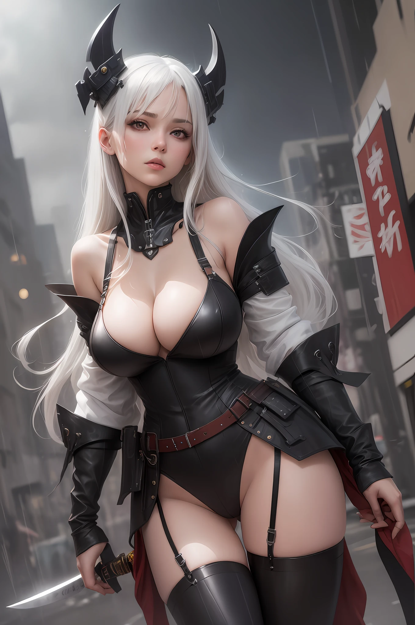 white color hair,Long hair,red eyes,Leather clothes,shortpants,empire,big breasts exposed cleavage,black lence stockings,katana swords,mechs,raining day,the night ,with thin legs,Bare breasts --auto