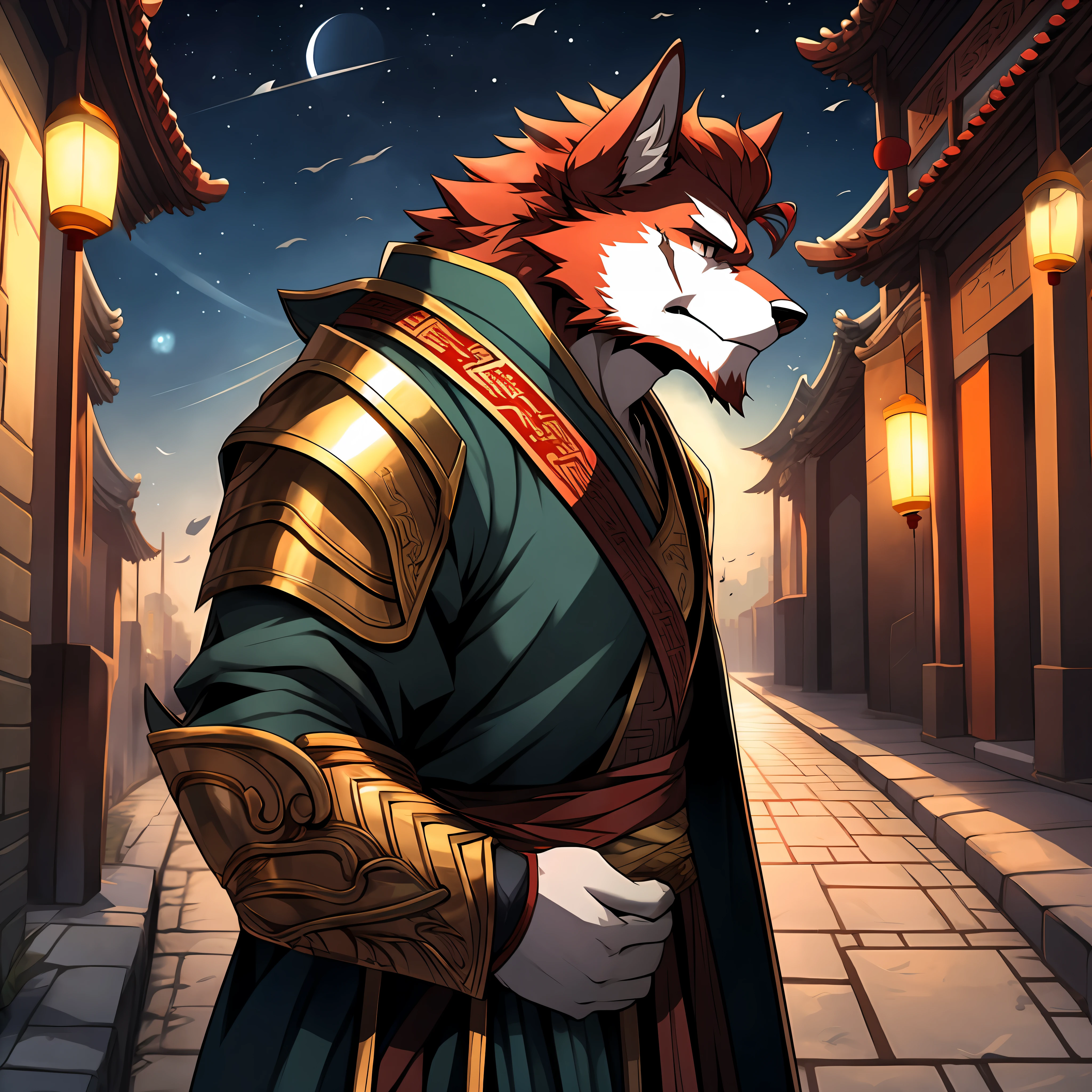 A red werewolf with dark red hair and muscular standing on the street at night,A melancholy expression appeared on his face,He wore ancient Chinese general armor,The corners of the mouth are slightly melancholy,Two bites of a cherry,He was a great general a thousand years ago,There is a visible scar on the right eye,dynamicposes(由Null-Ghost:0.5),head portrait,tmasterpiece