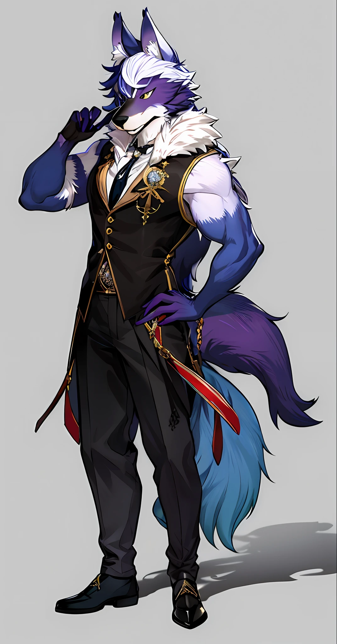 anthropomorphic wolf male,Furry art,Bluish purple hair,Magnificent