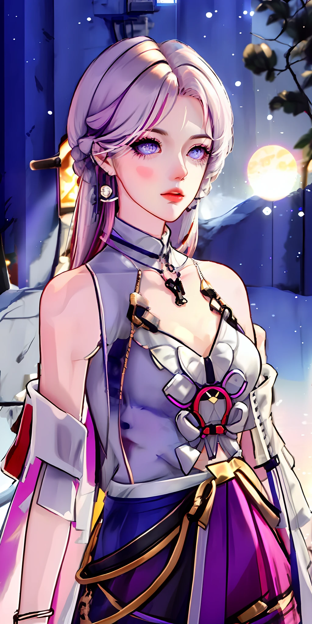 realisticlying，1girl，White hair，Purple eye，glowing light eyes，Cut the top，a skirt，parted lip，Be red in the face，the night，fresh flowers，suns，rays of sunshine，Technologie
