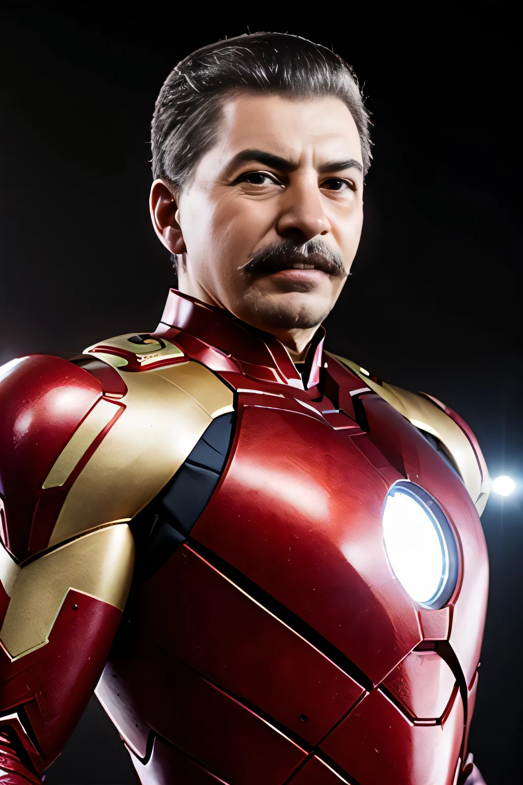 modelshoot style, muscular,Joseph Stalin dressed as Iron Man,no helmet,intricate details, lens flare, intricate detailed face, 4k, 8k, hdr