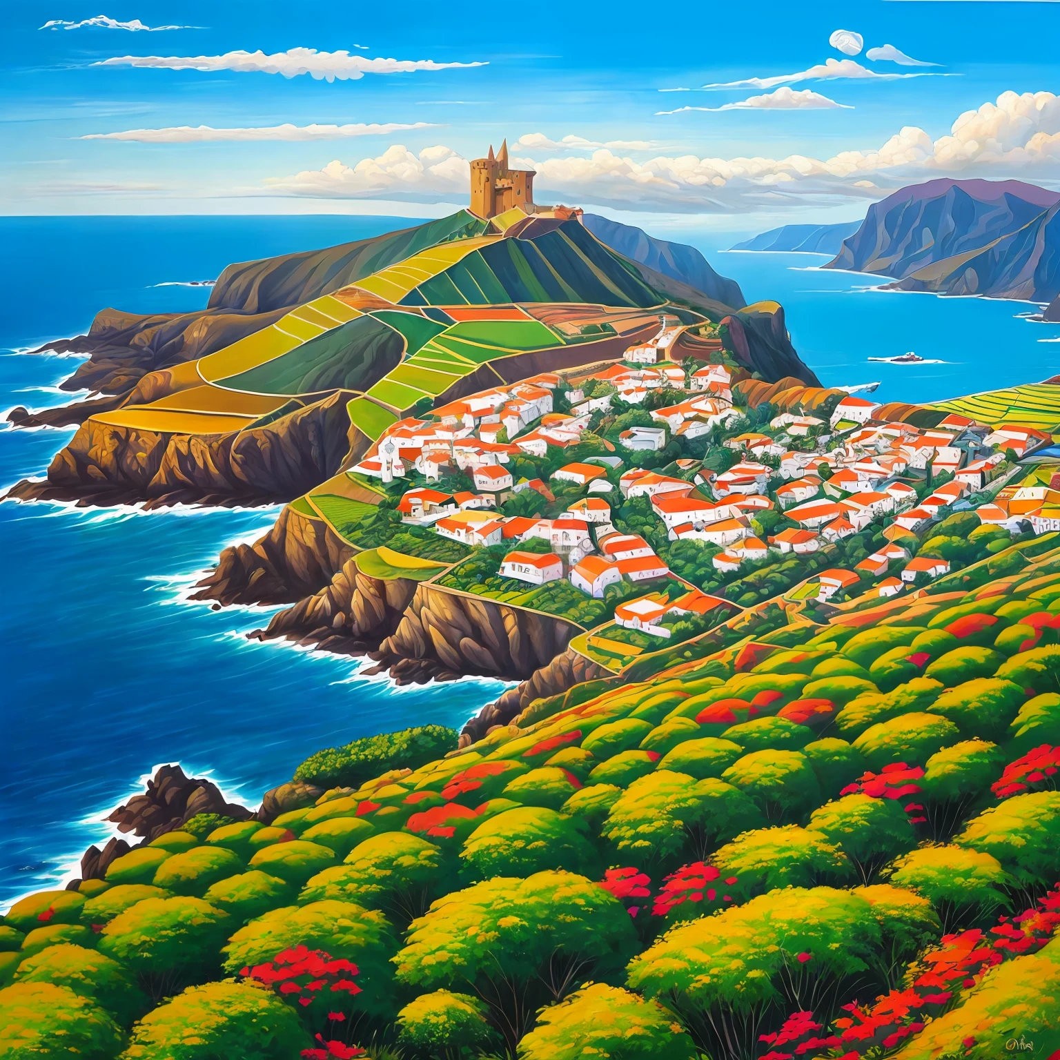 imagem, arte em pintura estilo cubista, oleo sobre madeira. castelo medieval sombrio, ambiente triste e intrigante, expressionista. --auto
