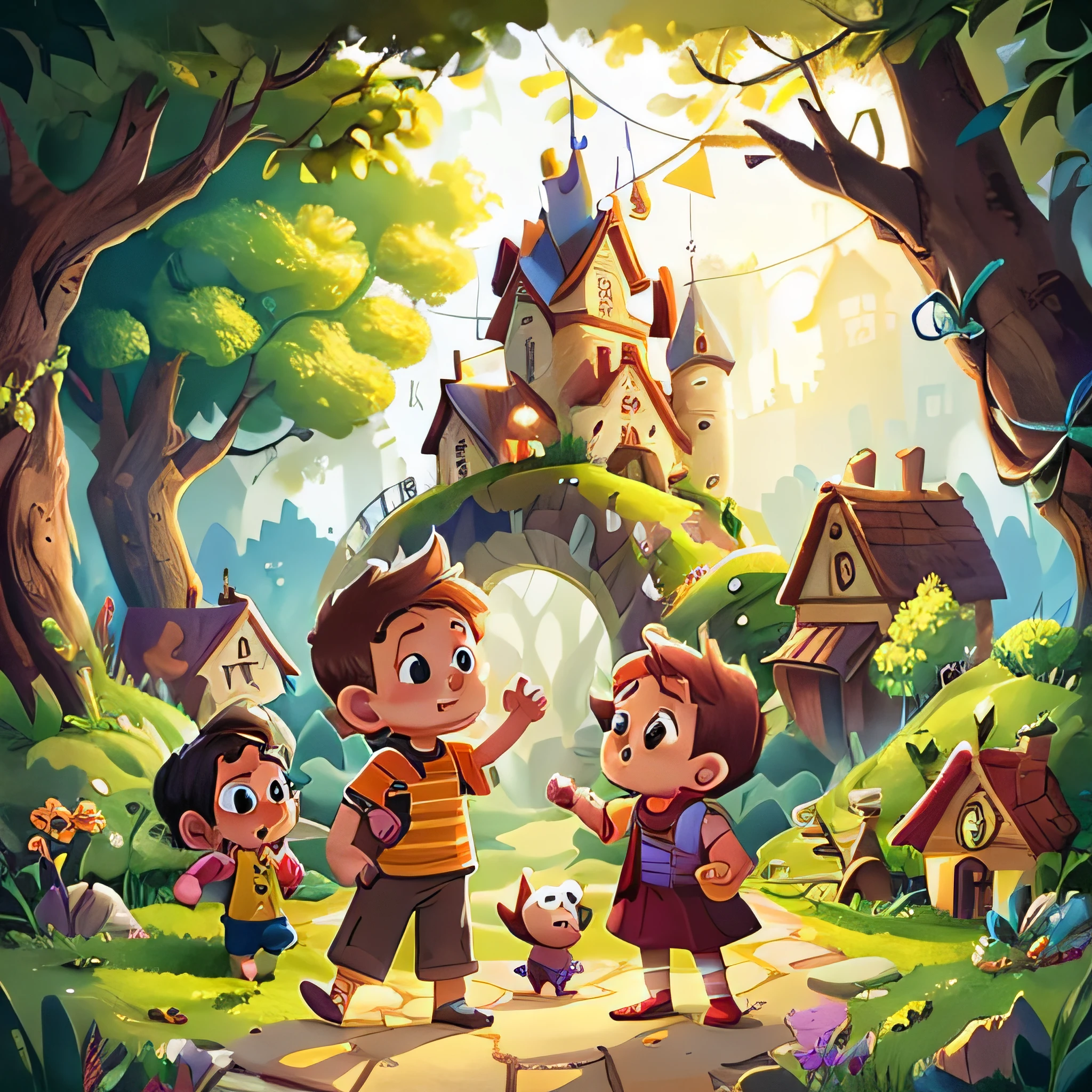 magical city of Harmonia, com ruas coloridas, enchanted houses and a magical atmosphere in the air. Lucas is playing in a park with other children.