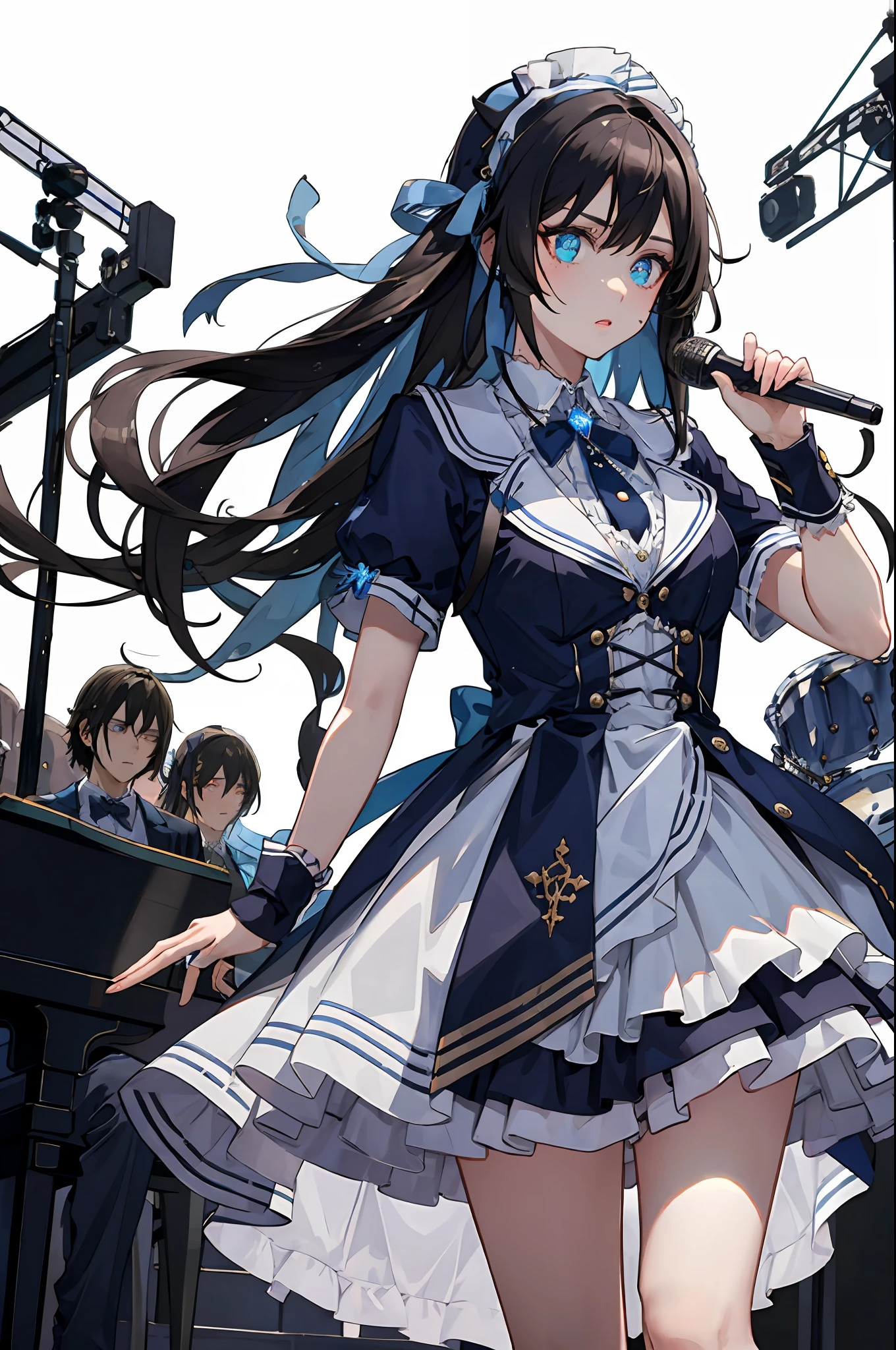 A dark-haired，length hair，Blue streamer pupils，ta，crystal，stage，mike，musical note