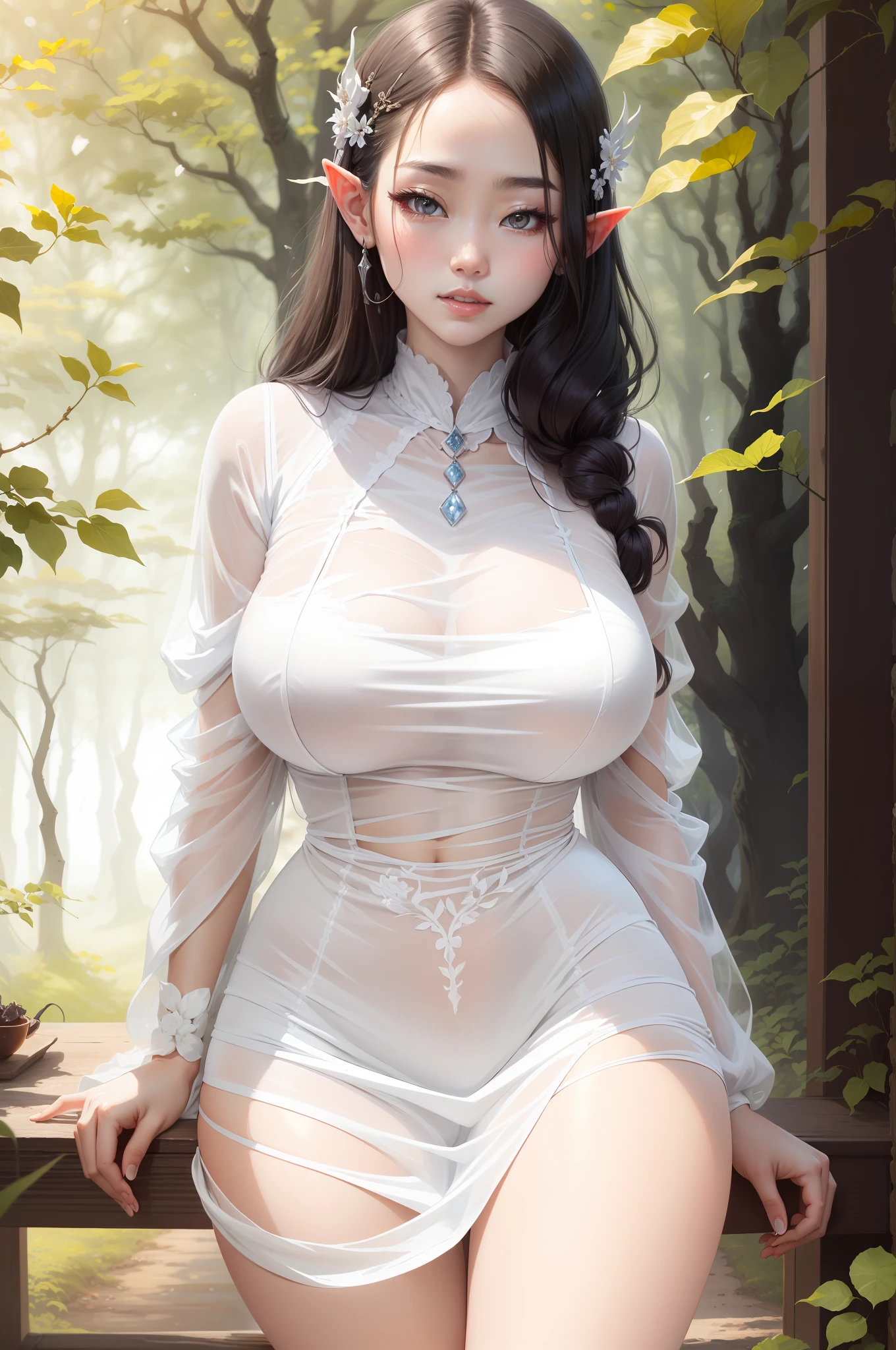 wears a white dress，Japanese goddess, smooth white tight clothes suit, a sexy maid in a magical forest, Smooth translucent white skin, intriguing outfit, very beautiful elven top model, asian hyperdetailed, pale milky white porcelain skin, beautiful and seductive anime woman, pale snow-white skin, a beautiful fantasy empress，upskirt with，Bigchest，hugetits，M hood，Translucent clothing，Translucent lingerie，Textured thighs，深V，The collar is open，big breasts exposing breasts，