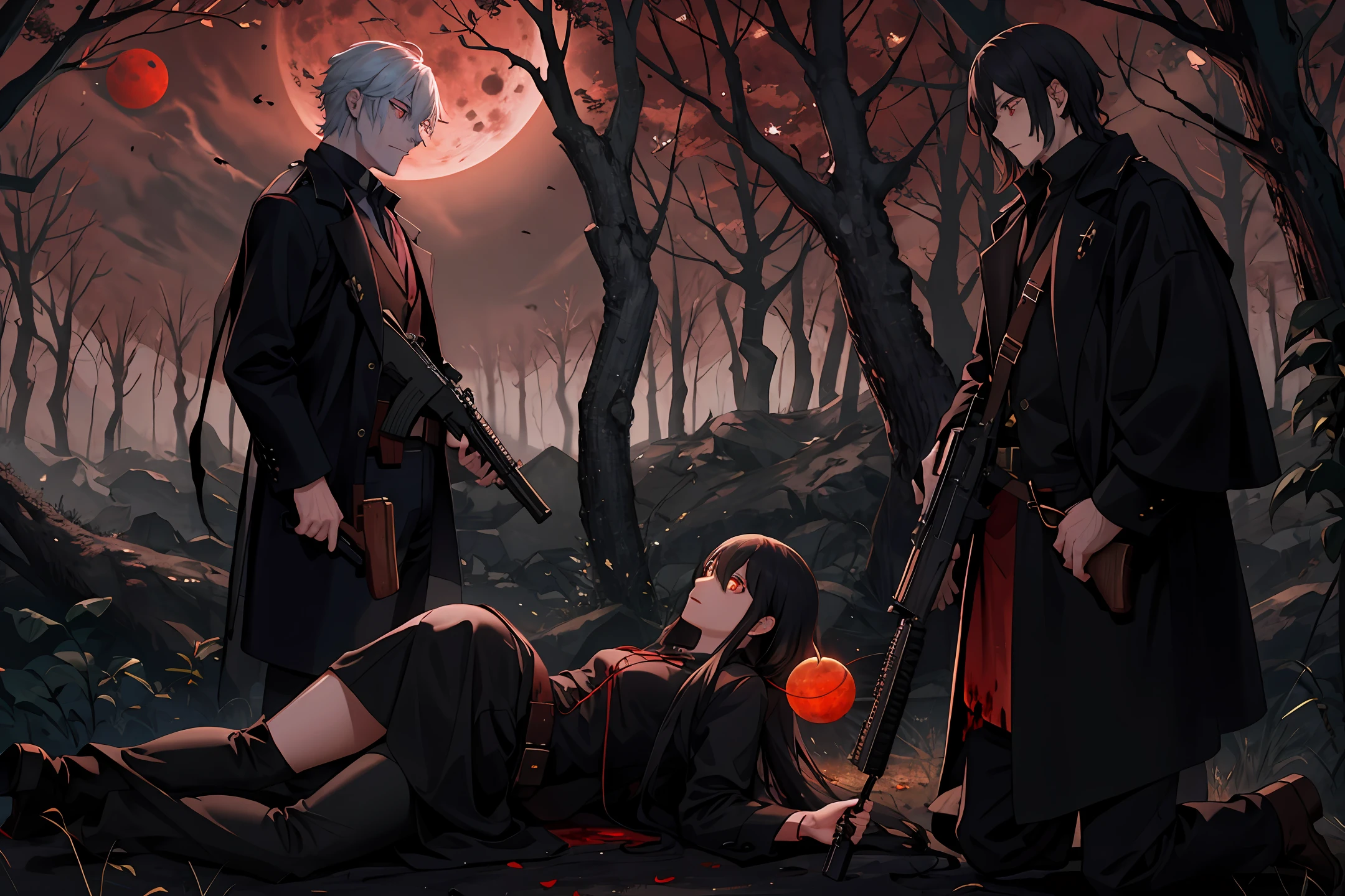 In the woods, a man with a gun looked at the Blood Moon,There are vampires lying on the ground