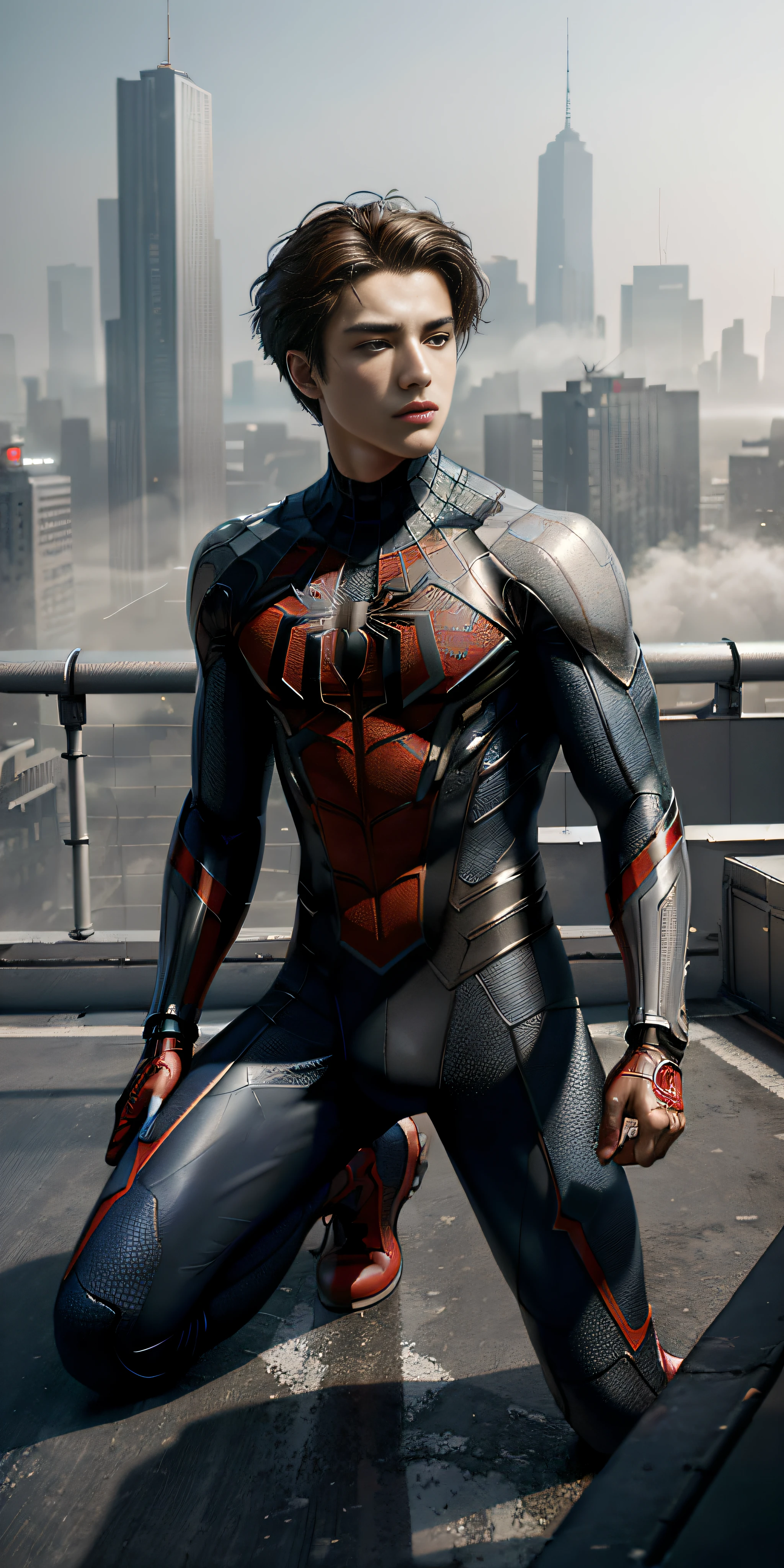 (1boy:1.3), solo, ((very detailed face)))), ((very detailed eyes and face)))), beautiful detailed eyes, body parts__, full body portrait, official art, unified 8k wallpaper, super detailed, beautiful and beautiful, beautiful, masterpiece, best quality, original, masterpiece, super fine photo, best quality, super high resolution, realistic realism, sunlight, full body portrait, amazing handsome, dynamic pose, delicate face, vibrant eyes, (from the front), wearing Spider-Man suit, red and black color scheme, spider, very detailed city roof background, rooftop, overlooking the city, detailed face, detailed complex busy background, messy, gorgeous, milky white, highly detailed skin, realistic skin details, visible pores, clear focus, volumetric fog, 8k uhd, DSLR, high quality, film grain, fair skin, photo realism, lomography, futuristic dystopian megalopolis, translucent, (Cyberpunk: 1.1), (Mechanical Joints: 1.2),