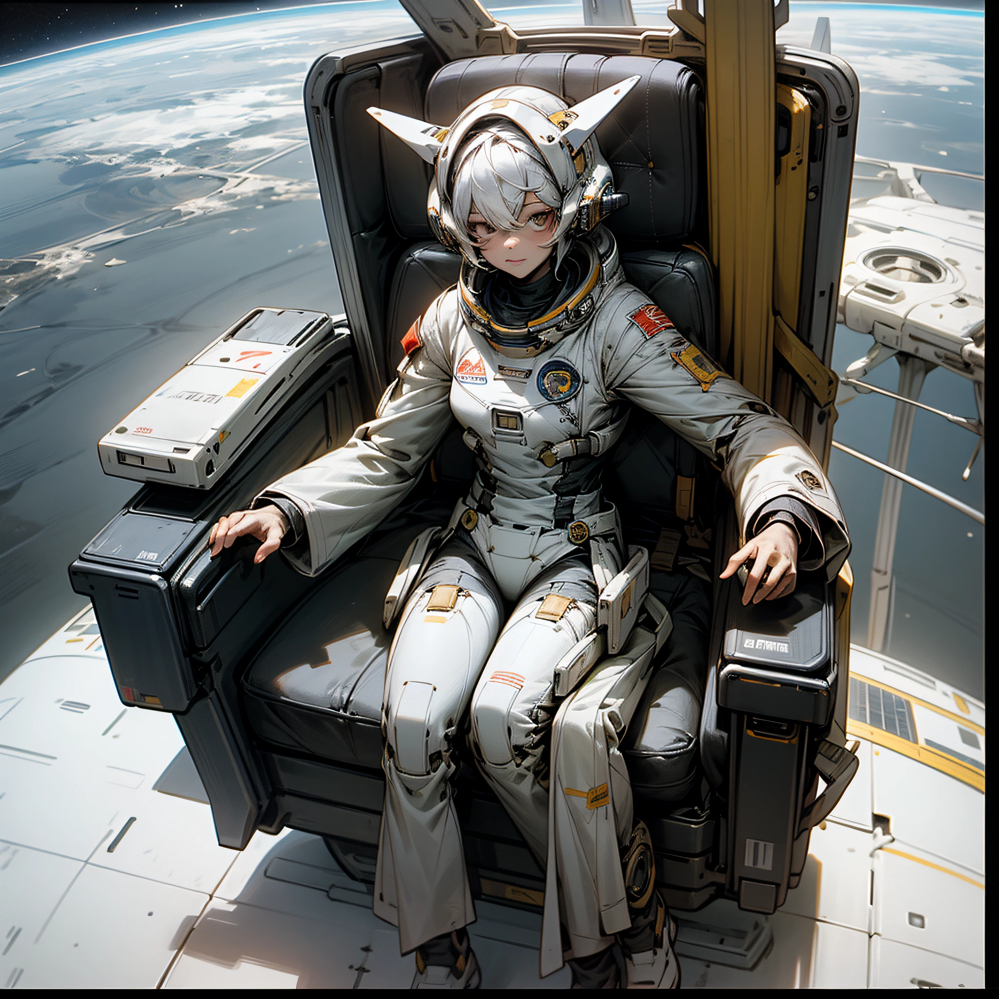 un astronauta se encuentra varado, con su silla eyectora en un planeta desolado, con edificaciones semiderruidas al fondo. --auto