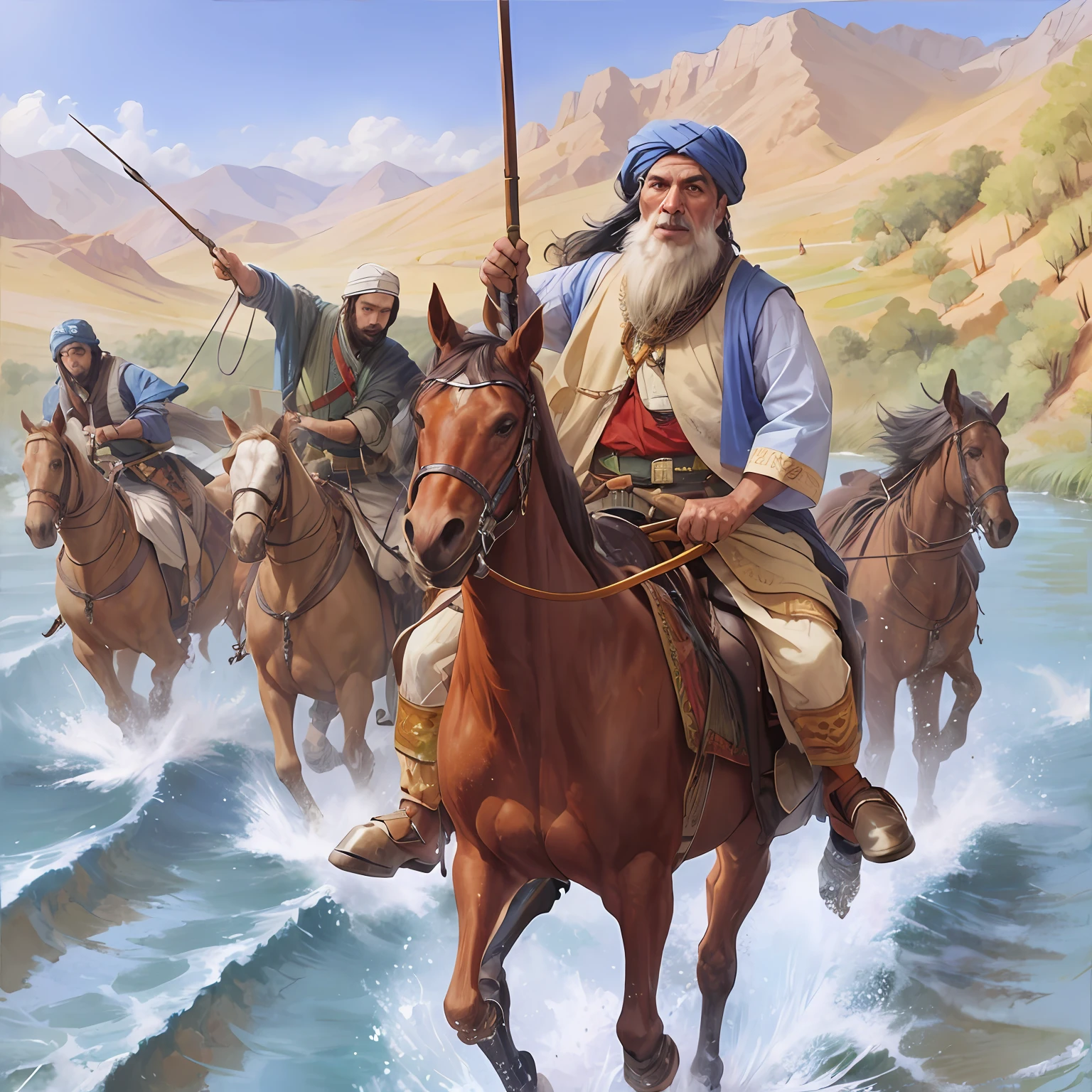 A 70 year old Pashtun tribal leader , on horse , with cavalry solders , crossing river , lances in hand , shields on back ,
