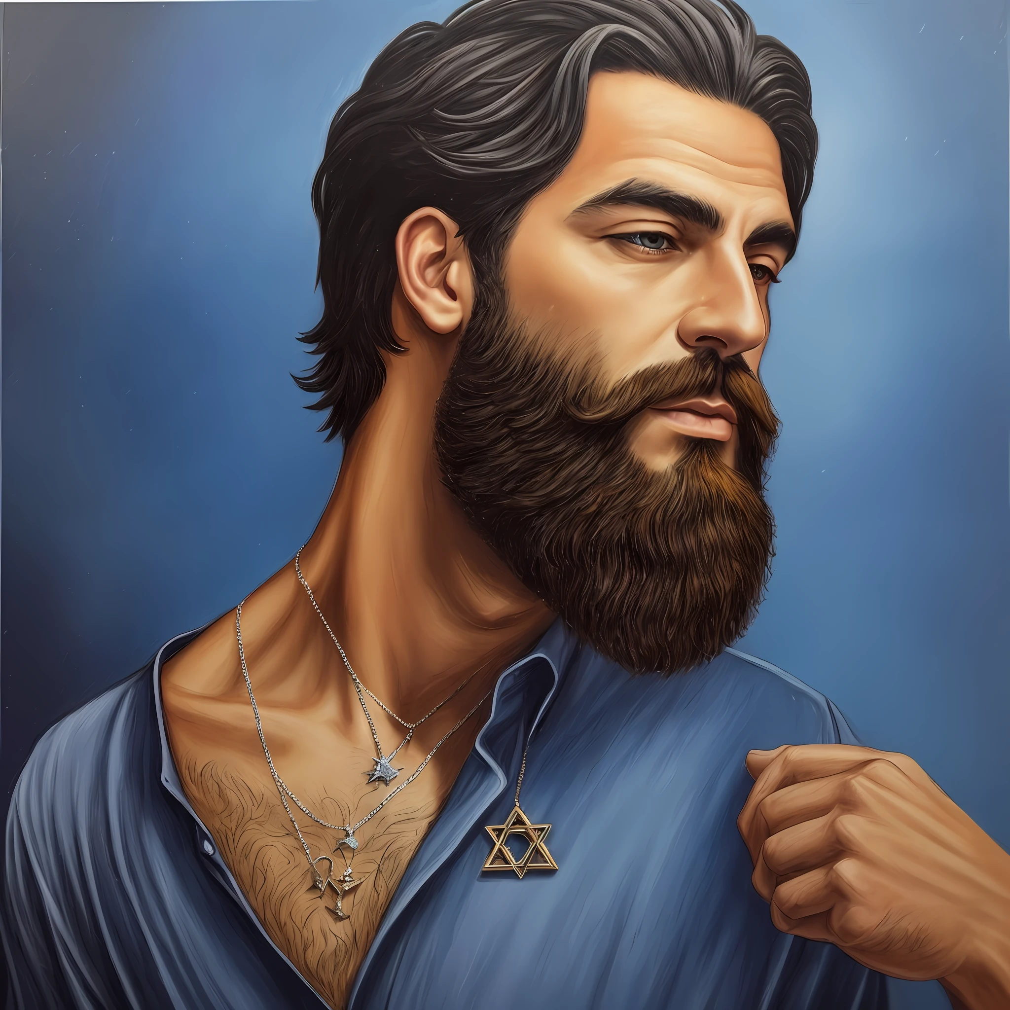 there is a man with a beard and a star of david necklace, imagem de perfil, foto de perfil, imagem de qualidade muito alta, pintura ultra-realistic, judeu,