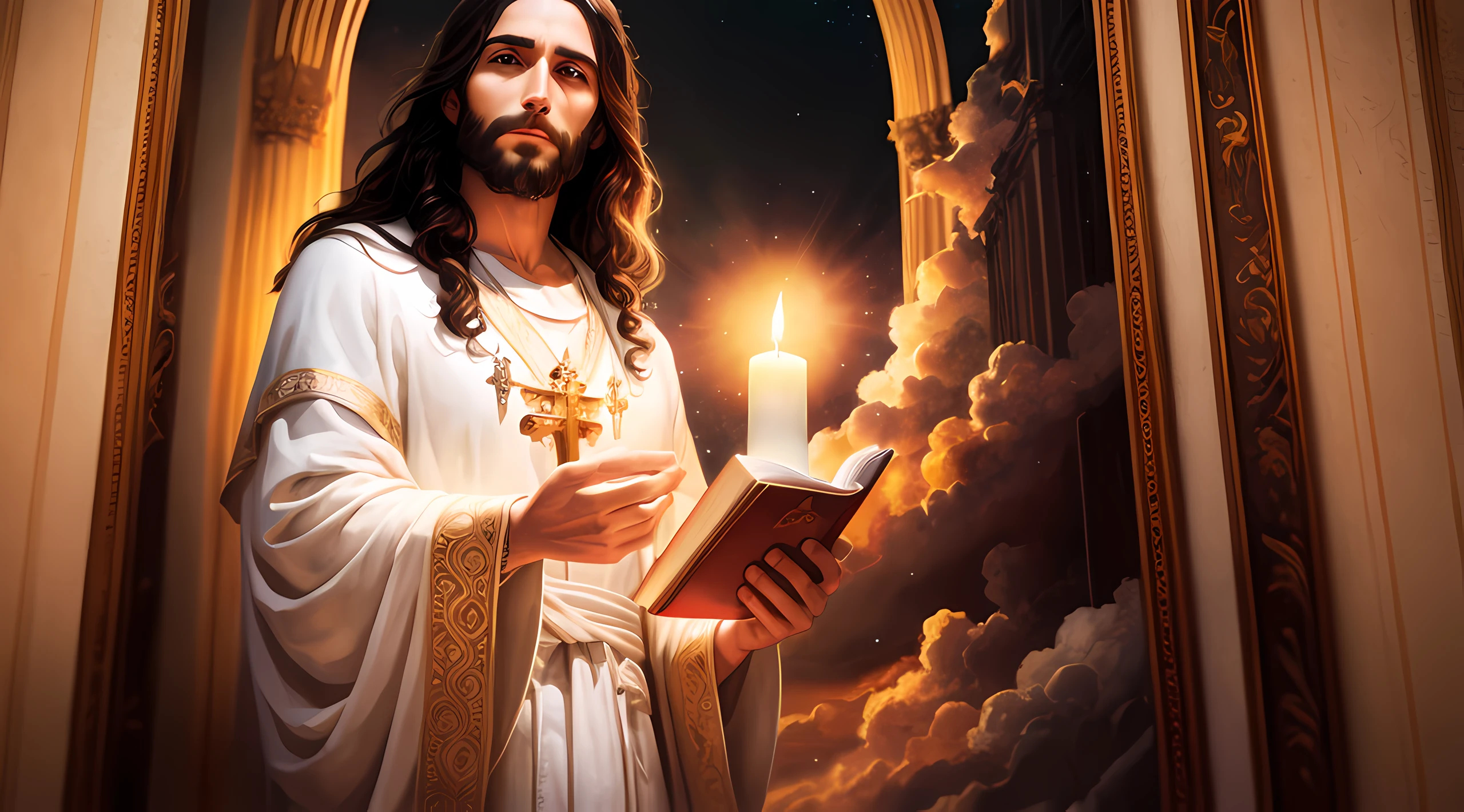 arafed image of jesus reading a book with a candle in his hand, imagens religiosas, Jesus Cristo em Mass Effect, Jesus Cristo, imagens sagradas, Retrato de Jesus Cristo, holy flame spell, catholic religious art, arte sacra, retrato da obra-prima religiosa, pintura religiosa, Jovem Deus Todo-Poderoso, Christian art, Obra-prima da luz brilhante, holding a holy symbol, luz santa