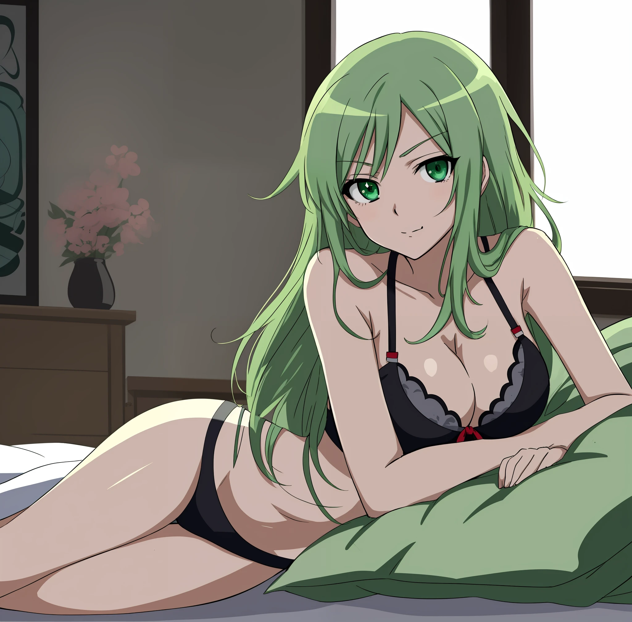 anime girl with green hair laying on a bed in a room, an anime drawing by Shitao, pixiv, shin hanga, seductive anime girl, long hair, rogue anime girl, sexy girl with green eyes, best anime 4k wallpaper, attractive anime girl, black bra, arms crossed