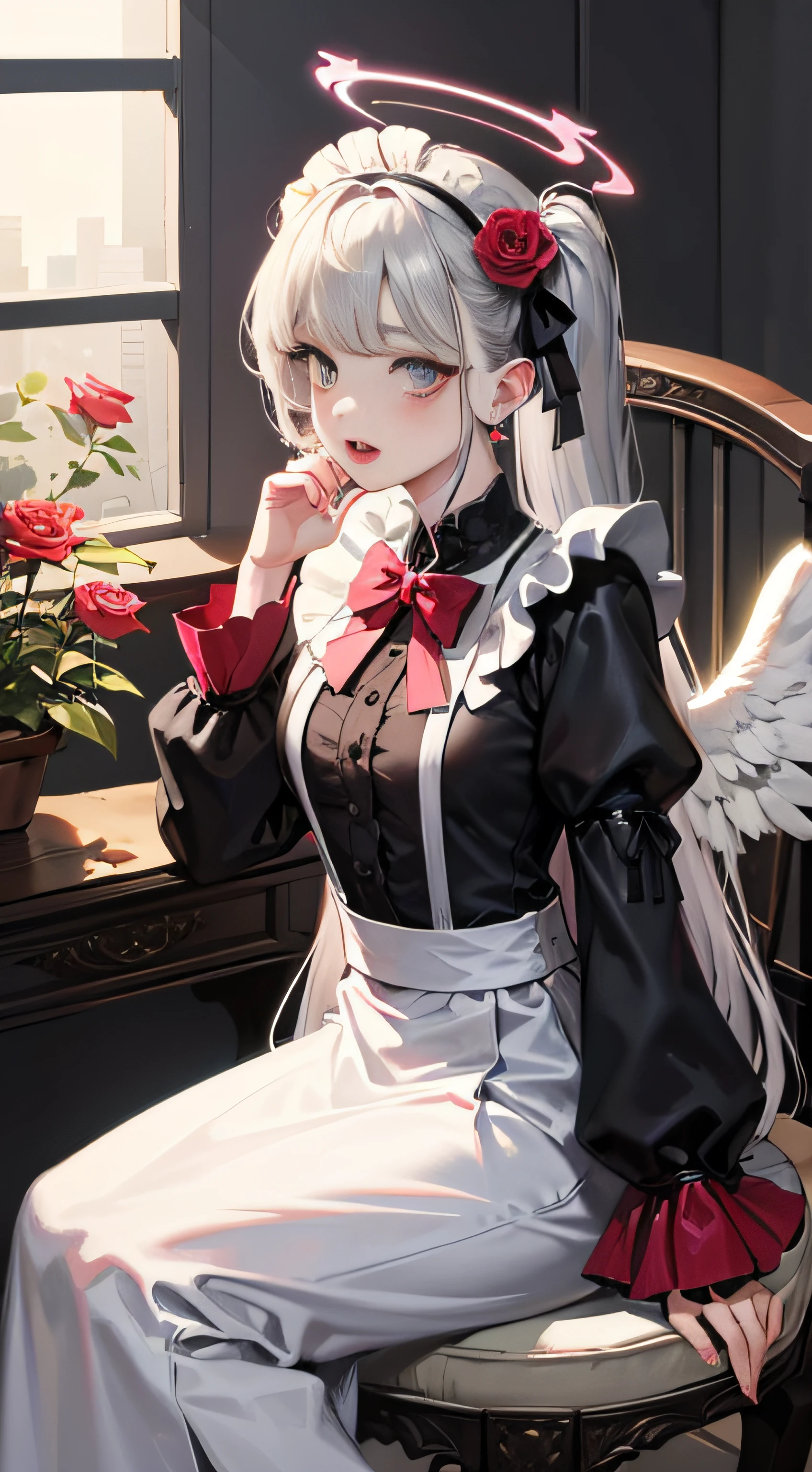 1girll, Rose flower, Solo, Halo, Long hair, Devil Wings, hair silver, pink flower, Sitting, flor branca, angel, Black and white Lolita, Rose, Long sleeves, Red flower, Maid headbands, head rest, Demon wings, Half-open mouth, Pink rose, blueflower, bangs,Lolita clothes, plant, Heterochromic pupils --auto