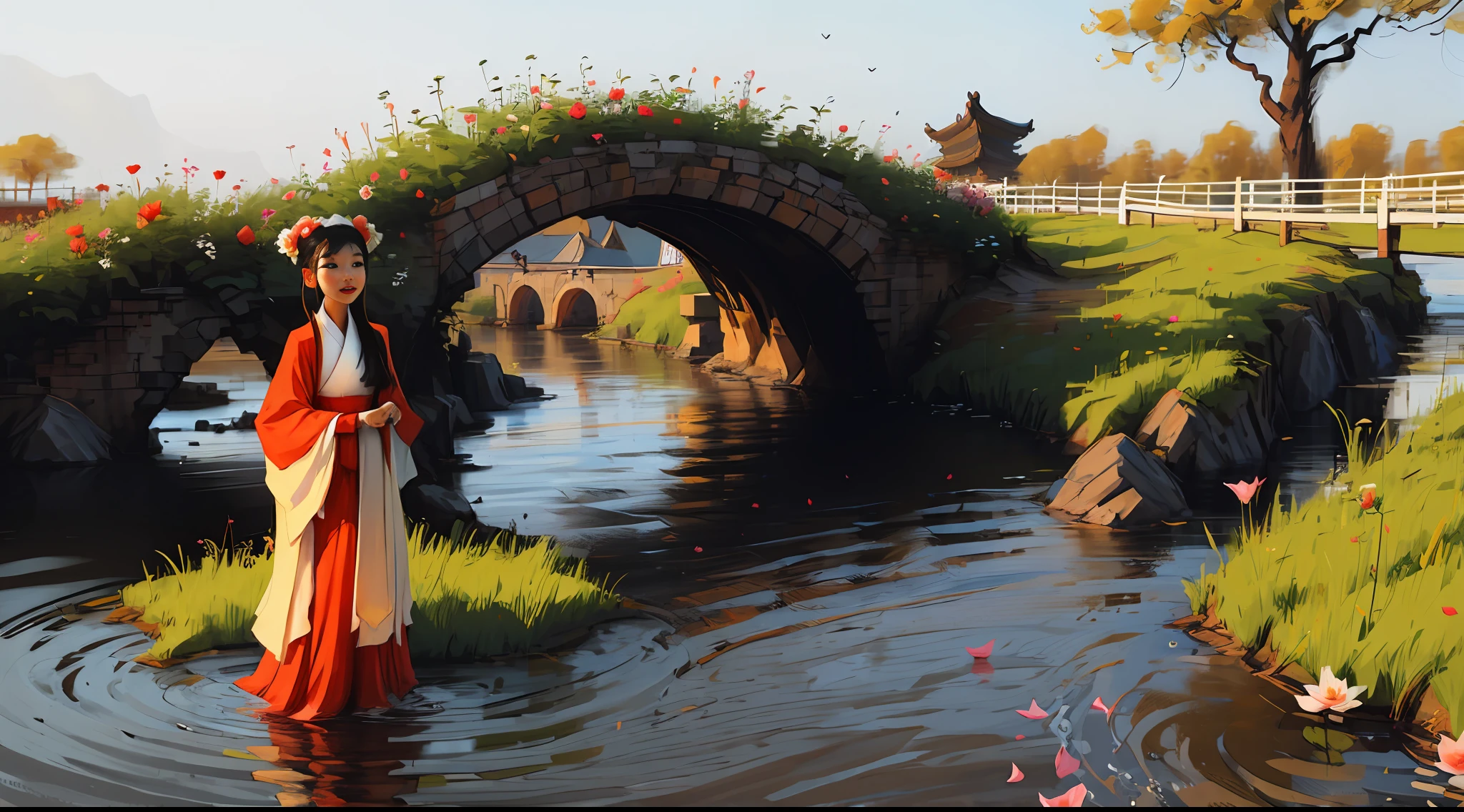 Peony flower，small bridges，flowingwater，China-style，beautfull woman，Hanfu