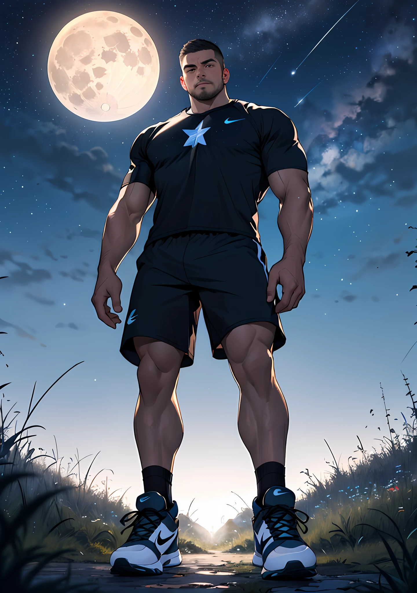 Draw a mature athlete,Standing in the grassland under the starry sky,he is wearing a T-shirt and athletic shorts and nike sneakers, Dramatic lighting from stars illuminates the scene,This man looks confident and determined, looking down,crew cut, full body,shot from below,a big moon in the background