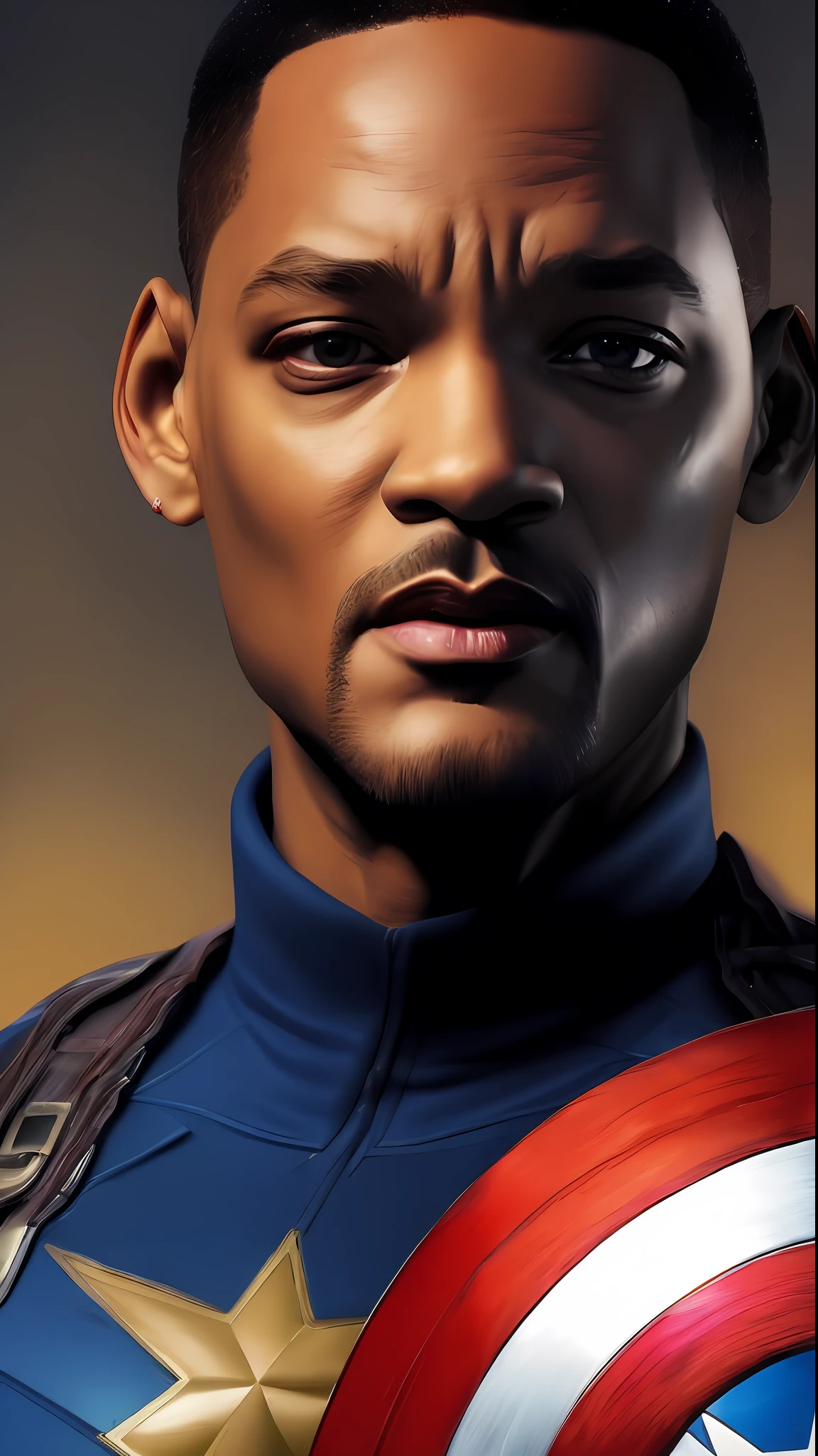 . .Tarantino style Will Smith as Captain America 8k, high definition, detailed face, detailed face, detailed eyes, detailed suit, in style of marvel and dc, hyper-realistic, + cinematic shot + dynamic composition, incredibly detailed, sharpen, details + superb details + evening with light + perfectionism + award winning realism ((moody lighting))