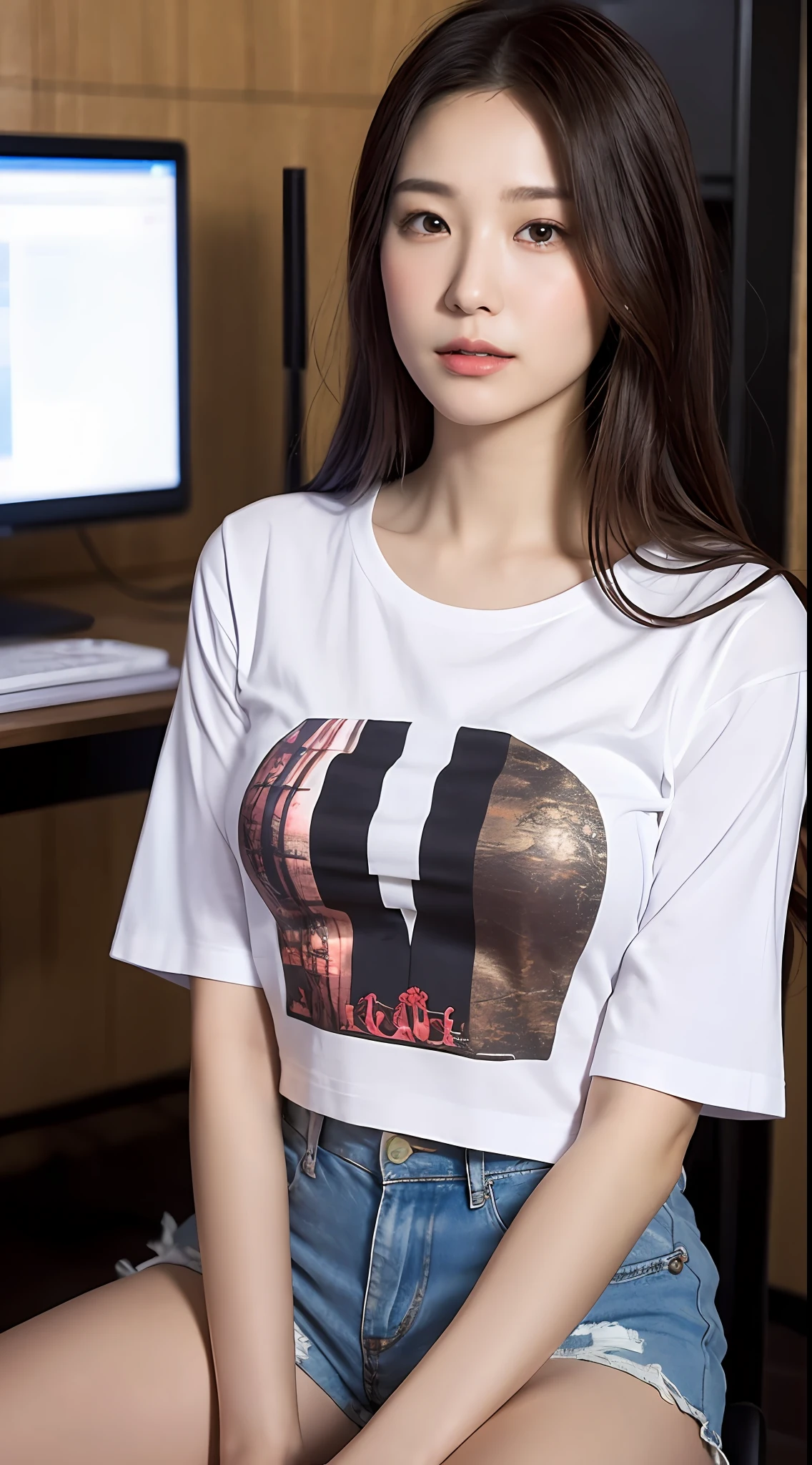 ((midynight, Need, 8K, tmasterpiece:1.3)), full bodyesbian, Large long white legs, Focalors:1.2, perfect figure beautiful woman:1.4, Slim abs:1.1, ((Dark brown hair, hugetits:1.2 )), (white tight t-shirt, Casual super shorts, Temptation sits:1.2), ((Tech-sense background:1.3)), Highly detailed facial and skin texture, A detailed eye, 二重まぶた,Sit in front of a computer and write code,