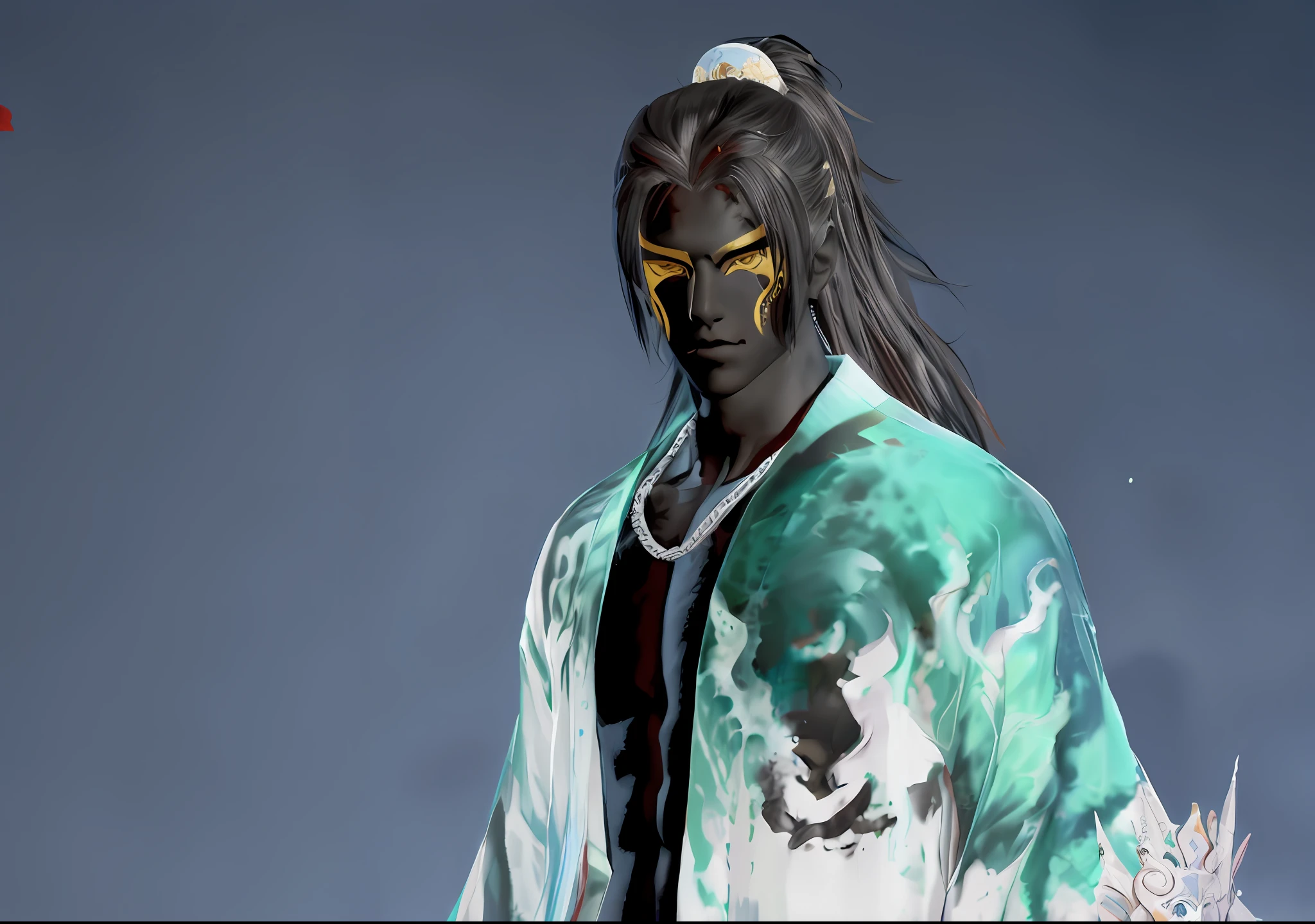 there is a man with a painted face and a tie, ((wearing aristocrat robe)), yasuke 5 0 0 px models, wearing a long flowing robe, wearing a long flowing robe, handsome japanese demon boy, lunar themed attire, wearing dark silk robe, pale and coloured kimono, wearing dramatic aristocrat robe, classic kabuki, Inspired by Huang Shen --auto