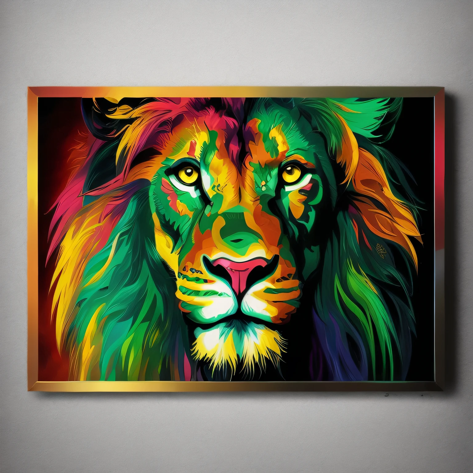 a colorful lion with a black background, arte colorida do filme, Retrato de uma Lisa Frank, Cor do cartaz sobre tela, cores fortes e vibrantes, Arte colorida, lion head, olhar orgulhoso, arte colorida, High Definition Art, pintura animal, pintura colorida, Estilo Lisa Frank, high quality print, pintura colorida, black light velvet poster, cores vivas vibrantes
