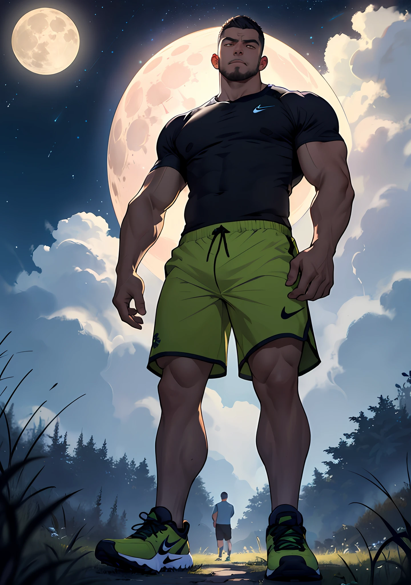 Draw a mature athlete,Standing in the grassland under the starry sky,he is wearing a T-shirt and athletic shorts and nike sneakers, Dramatic lighting from stars illuminates the scene,This man looks confident and determined, looking down,crew cut, full body,shot from below,a big moon in the background