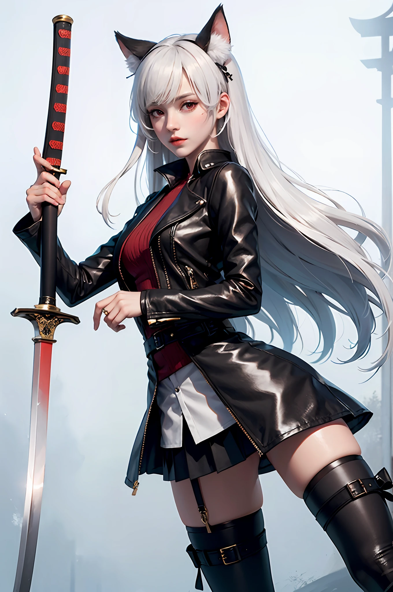 white color hair，Long hair，red eyes，Leather clothes，shortpants，empire，nakeness，black lence stockings，katana swords，Animal ears，UHR --auto