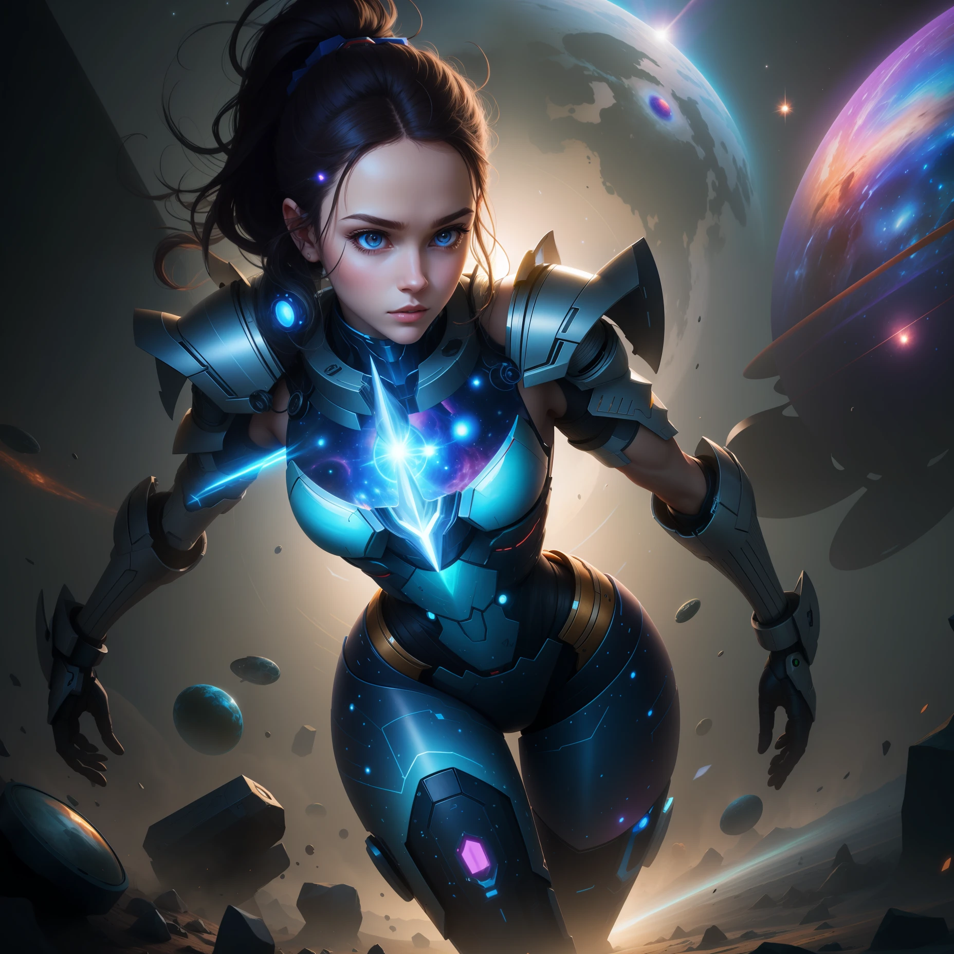 Huge humanoid machine,Four hands,Stand in the universe,Behind it is a planet,Both hands hold long knives,CG illustration