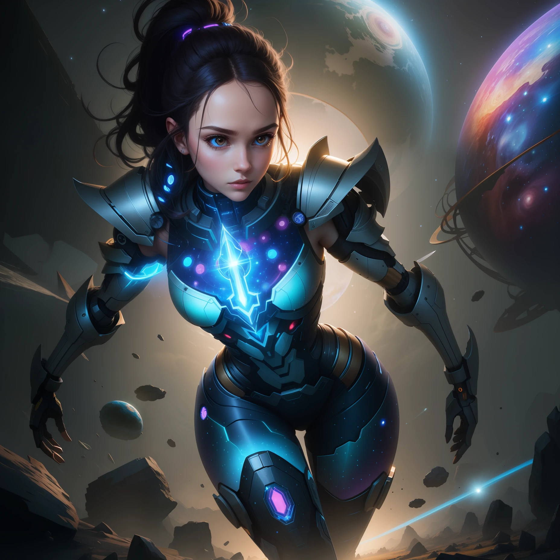 Huge humanoid machine，Four hands，Stand in the universe，Behind it is a planet，Both hands hold long knives，CG illustration