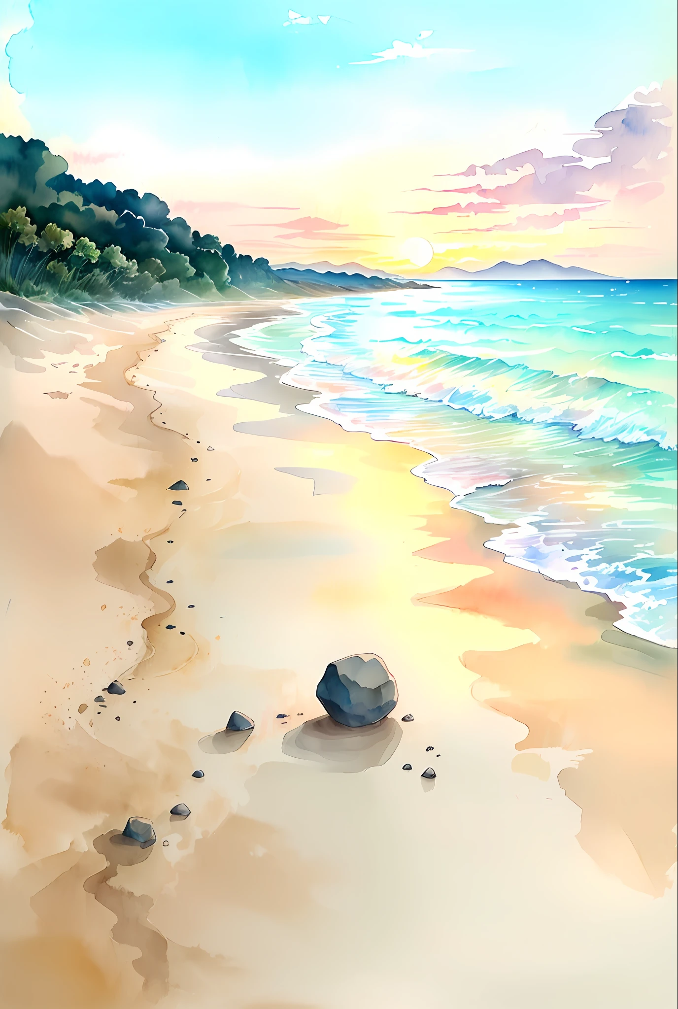 ( acuarela \(medio\), dibujo, Atardecer en la playa