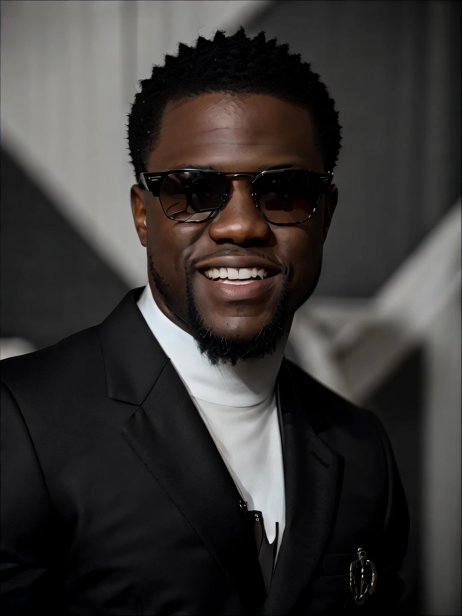 photo of kevhart wearing (black sunglasses:1.2) , (suit and tie:1.1), smiling, 8k uhd, dslr, high quality, film grain, Fujifilm XT3