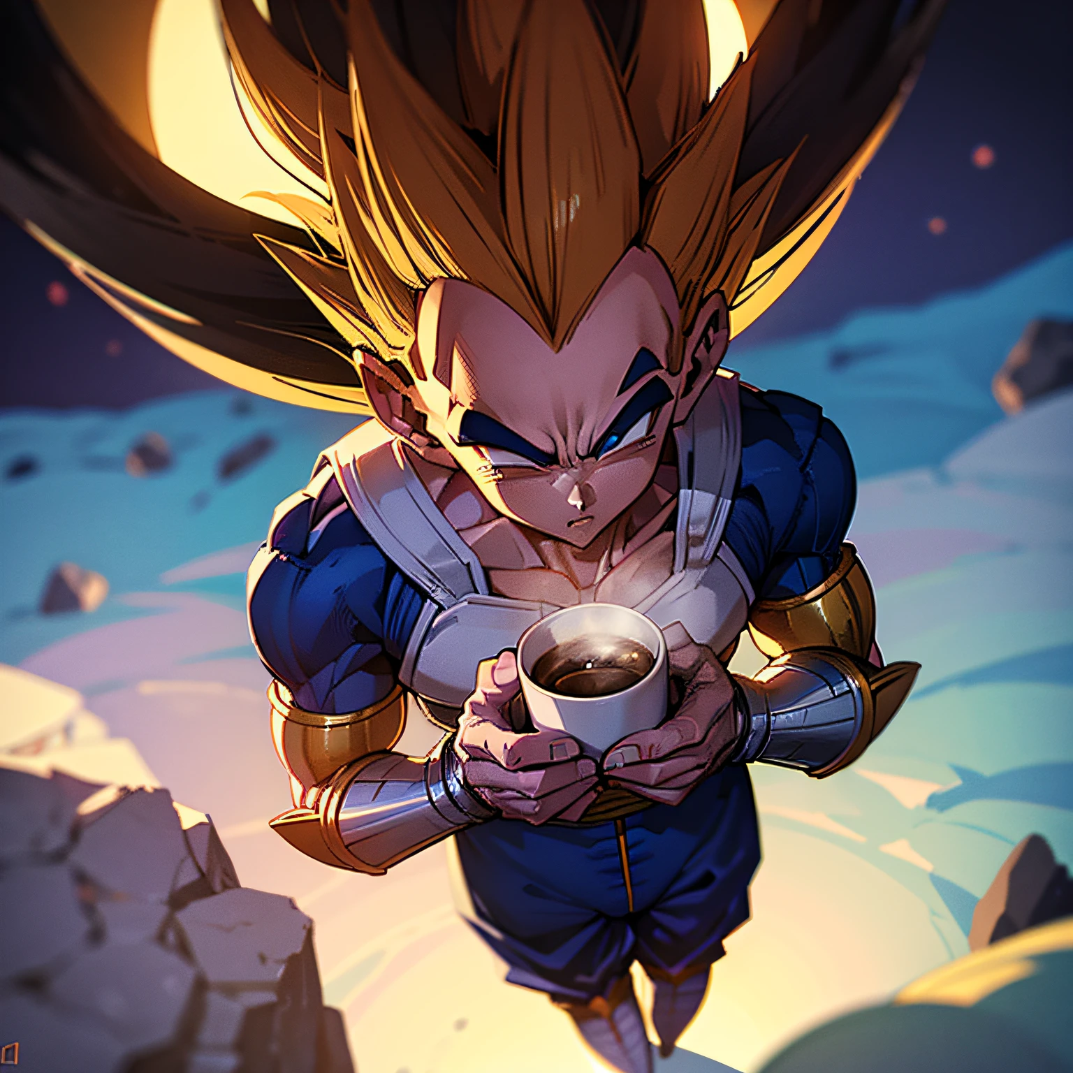 (Vegeta de Dragon Ball Z, realista),exchanging glances with the camera,drinking a coffee,exalando alta energia,contrasty lighting,sombrero and impeccable clothes.