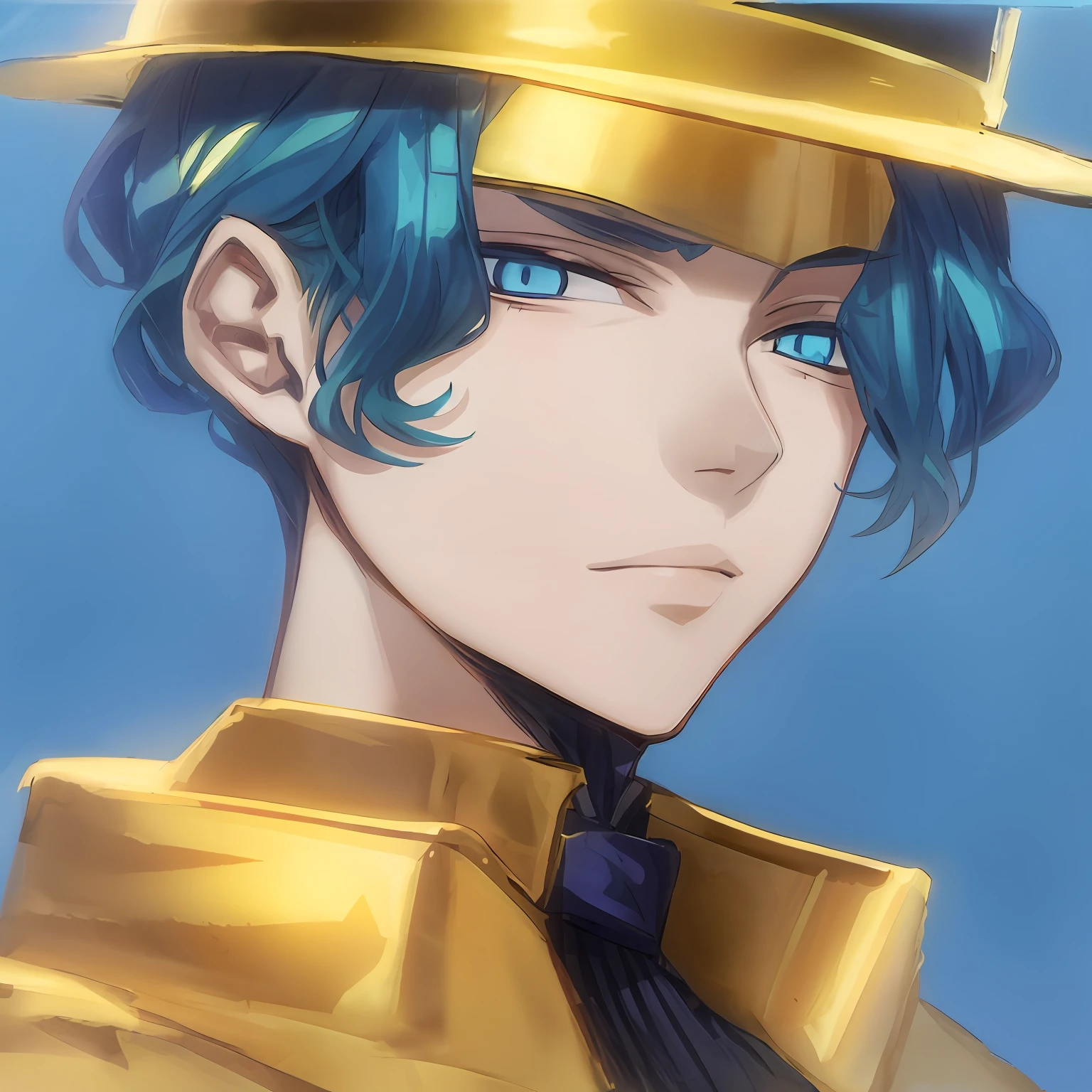 Anime - style image of a girl wearing a hat and a blue background, A maiden in the art of Demon Slayer, trigger anime artstyle, persona 5 phantom thief style, Key anime art,High-quality fanart, Sharp golden blue eyes,Horsetail hair --auto