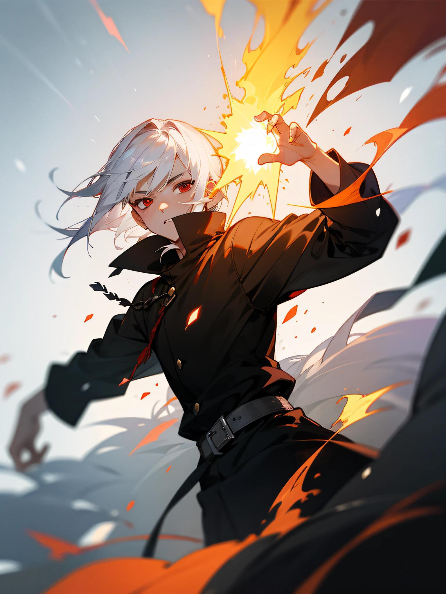 Young boy with white hair and red eyes appearing out of the mist with a fire spell in his hand