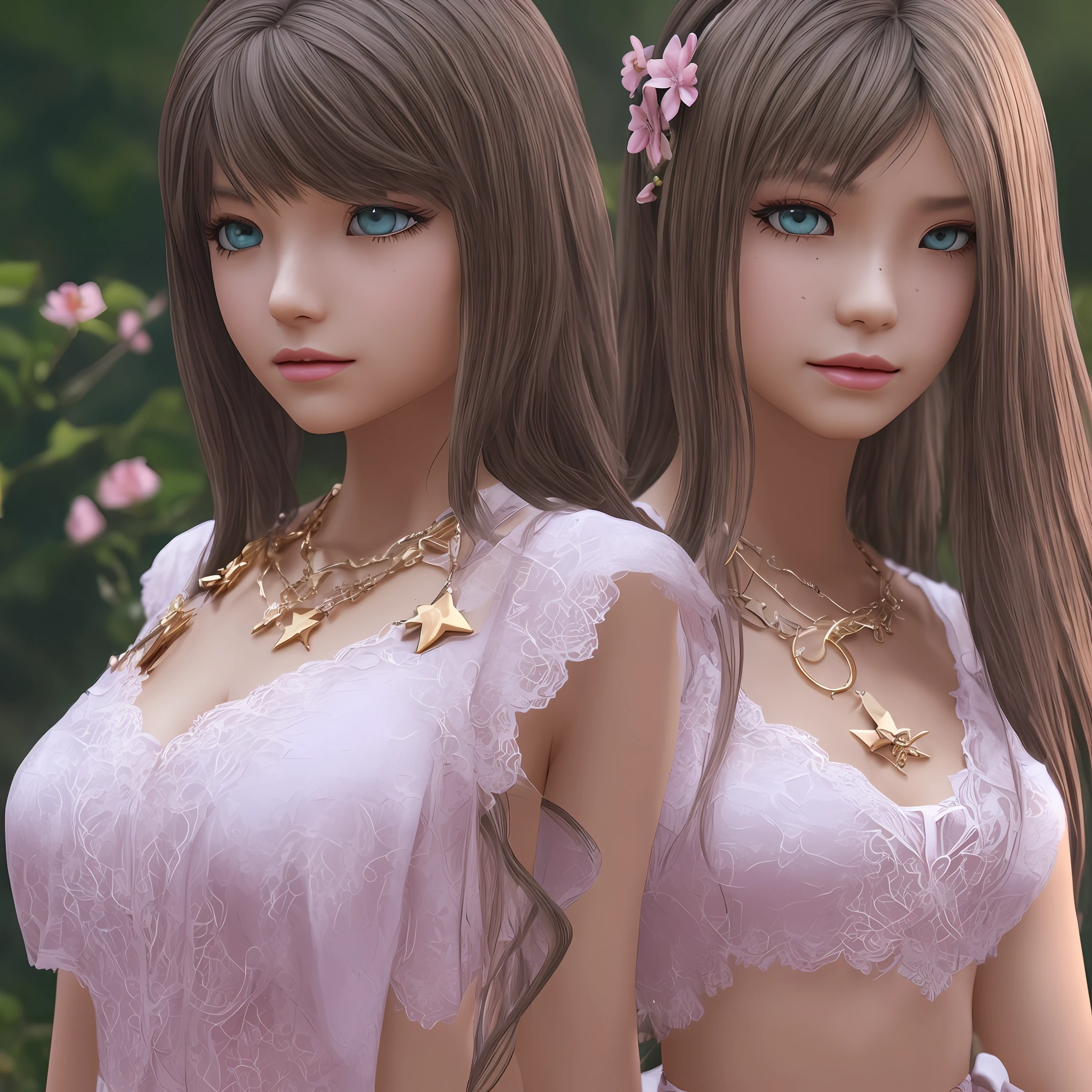 tmasterpiece,best qualtiy,highly detailed,cinmatic lighting,Ray traching,available light,cinematic compositions,CG,GameCG,bluntbangs,extremely detailed eyes and face,s the perfect face,shiny skins,largeeyes,looking at viewert,beatifull,Very long hair,UHD,8k,light grey hair,(GameCG),Pink eyeshadow,nakeness,mediuml breasts,slimification,Oval shaped face,鎖骨, Star necklace, Pink flowers, , 1girll, mediuml breasts, length hair, By bangs, hair straight, vests, exteriors, watered eyes, butterfly hair ornaments, Star necklace,Open your arms。 --auto