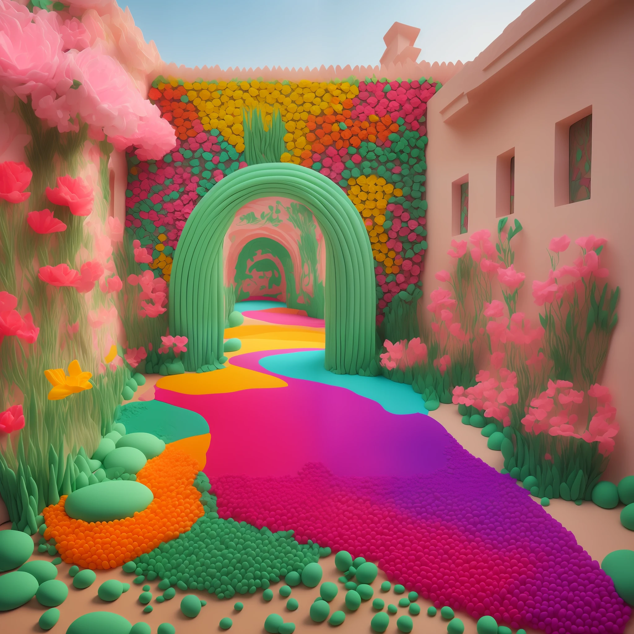 Parque con flores de colores hecho con plastilina