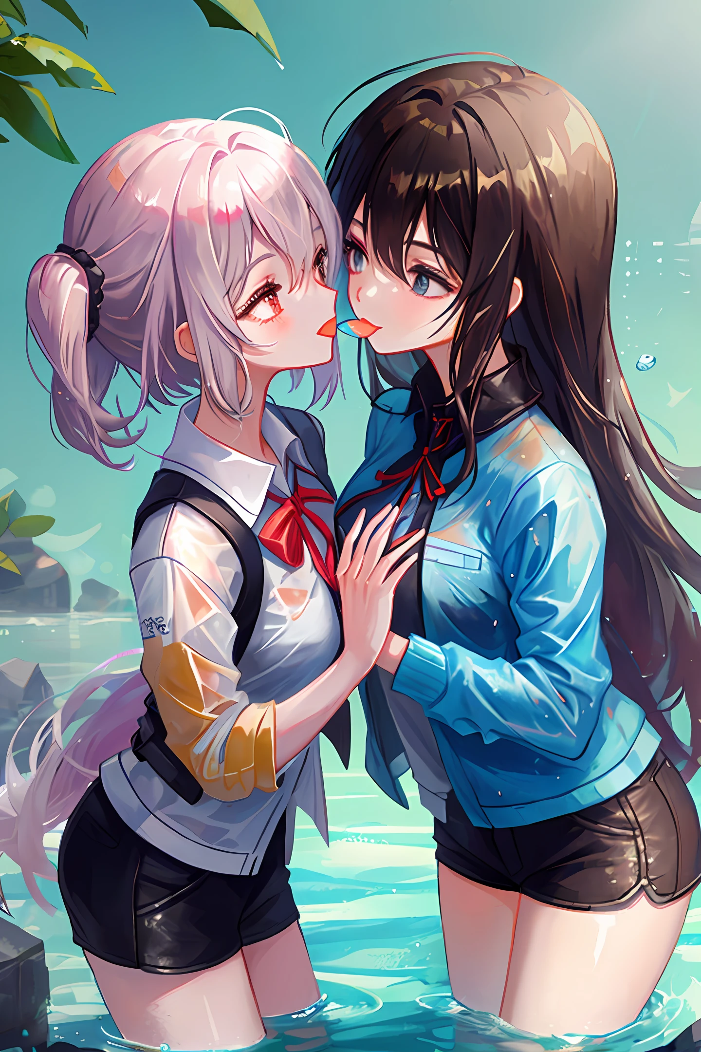 Two JK girls are soaked in wet clothes and kiss each other's tongues