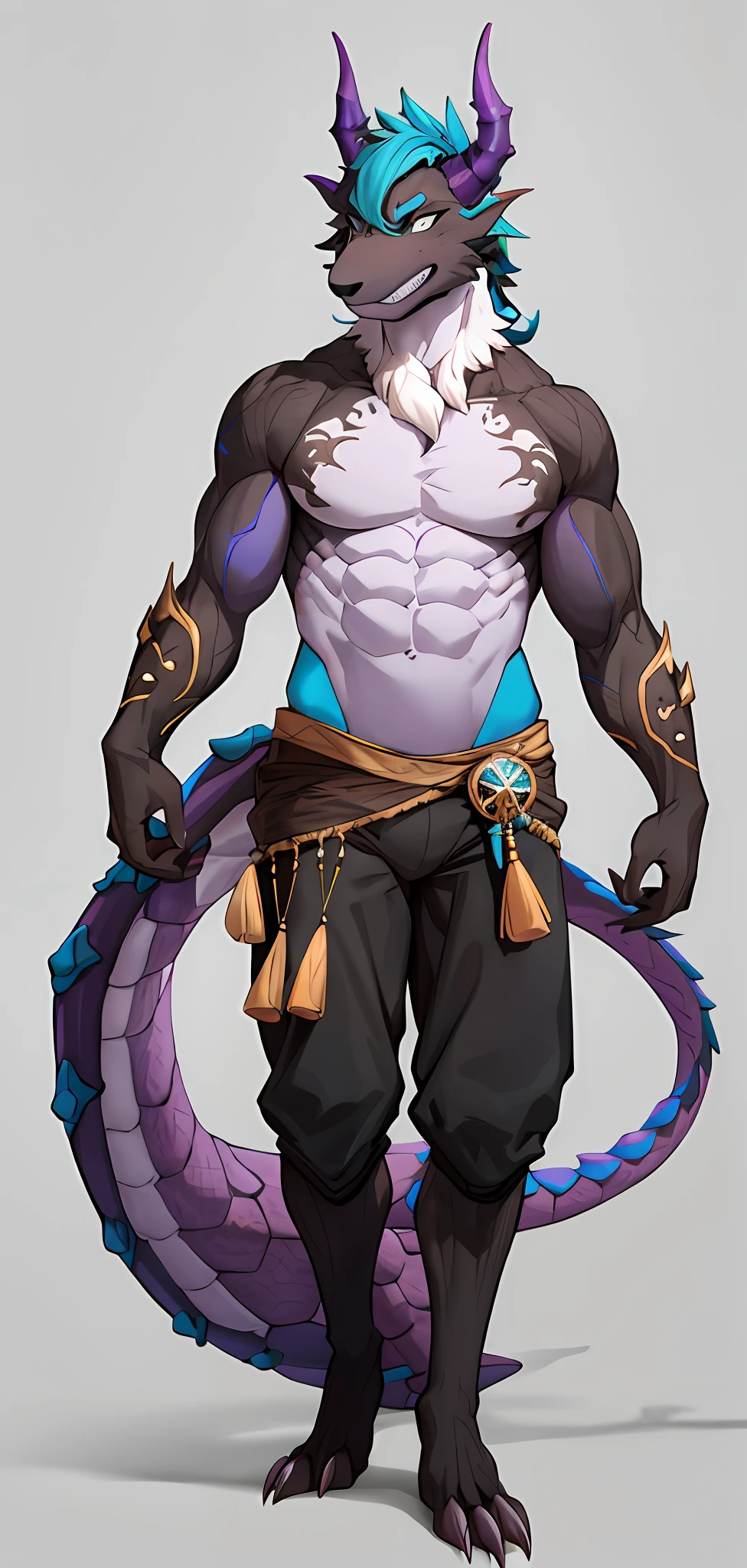 Anthropomorphic dragon males,One tail,Cyan purple,Furry art,vulva,Wearing a chestless Han suit,Strong muscles