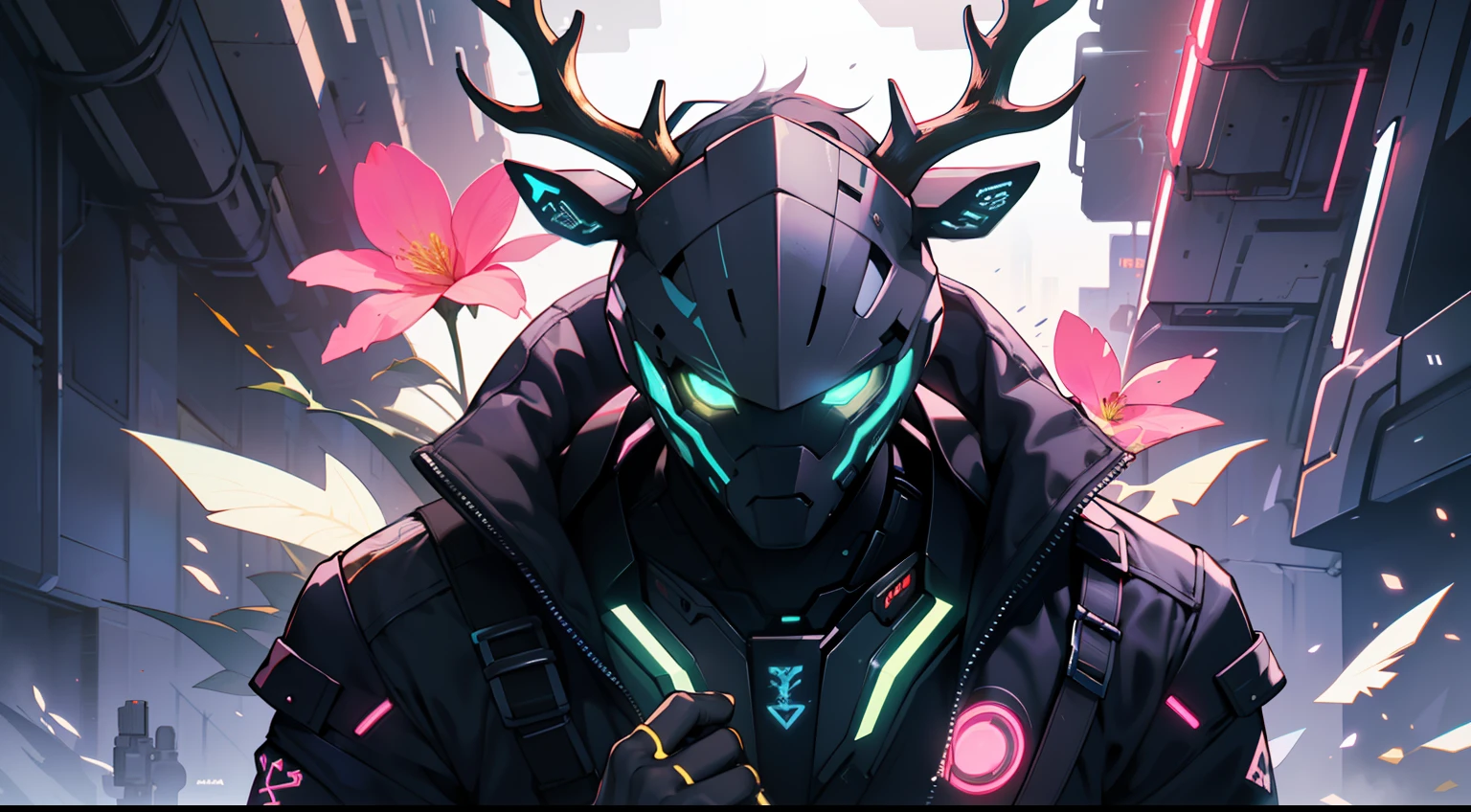 ((best qualtiy)), ((tmasterpiece)), (the detail),(( Anthropomorphic illustration))，Elk holding flowers，Elk wears a suit，deers，The antlers are transparent，Front half，The background is black，cold shades，Futuristic，cyber-punk，with light glowing，Metallic glass，Neon lights，close-up --auto